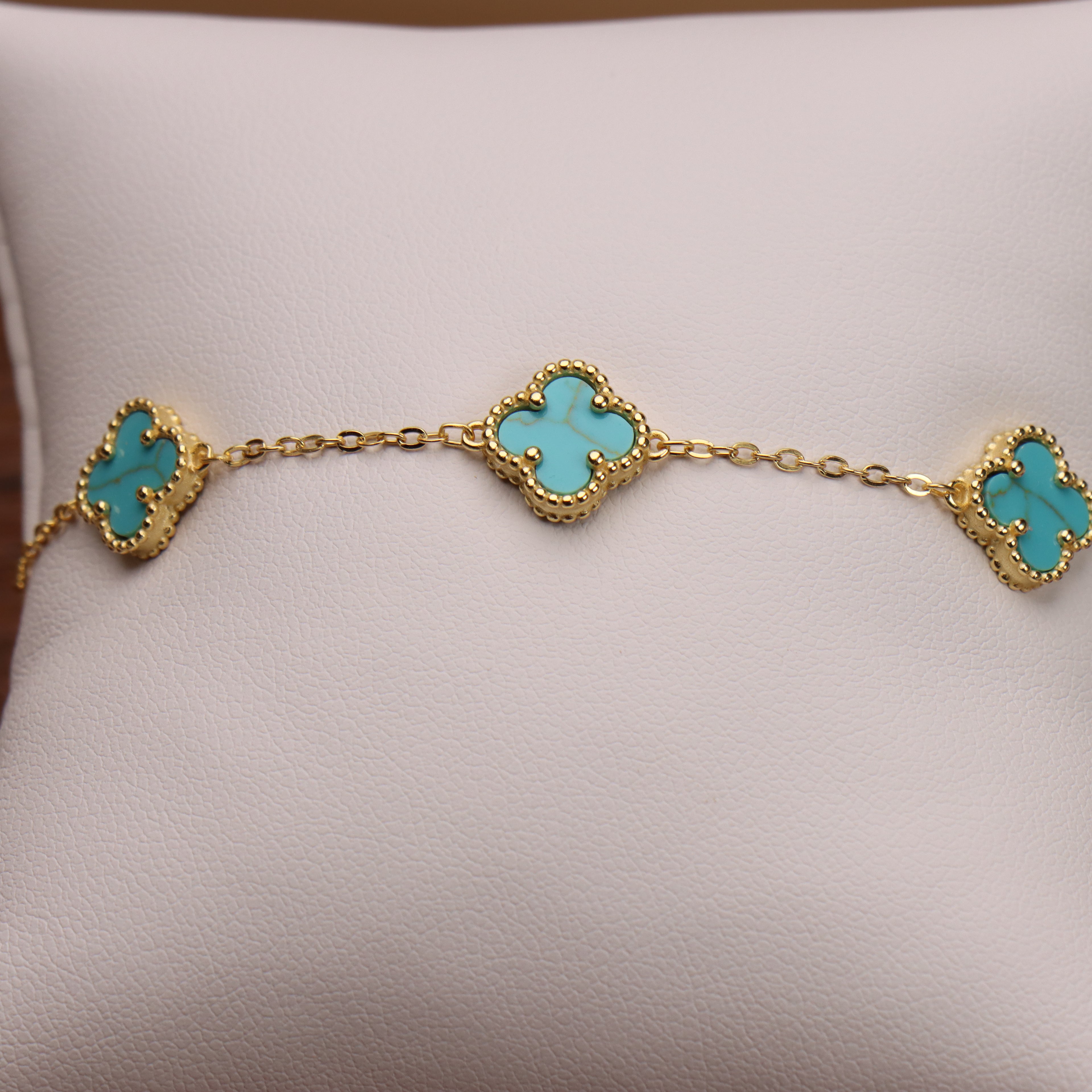 Turquoise Bracelet 7-8" inch 14k  Gold Over 925 Sterling Silver 5 Clover