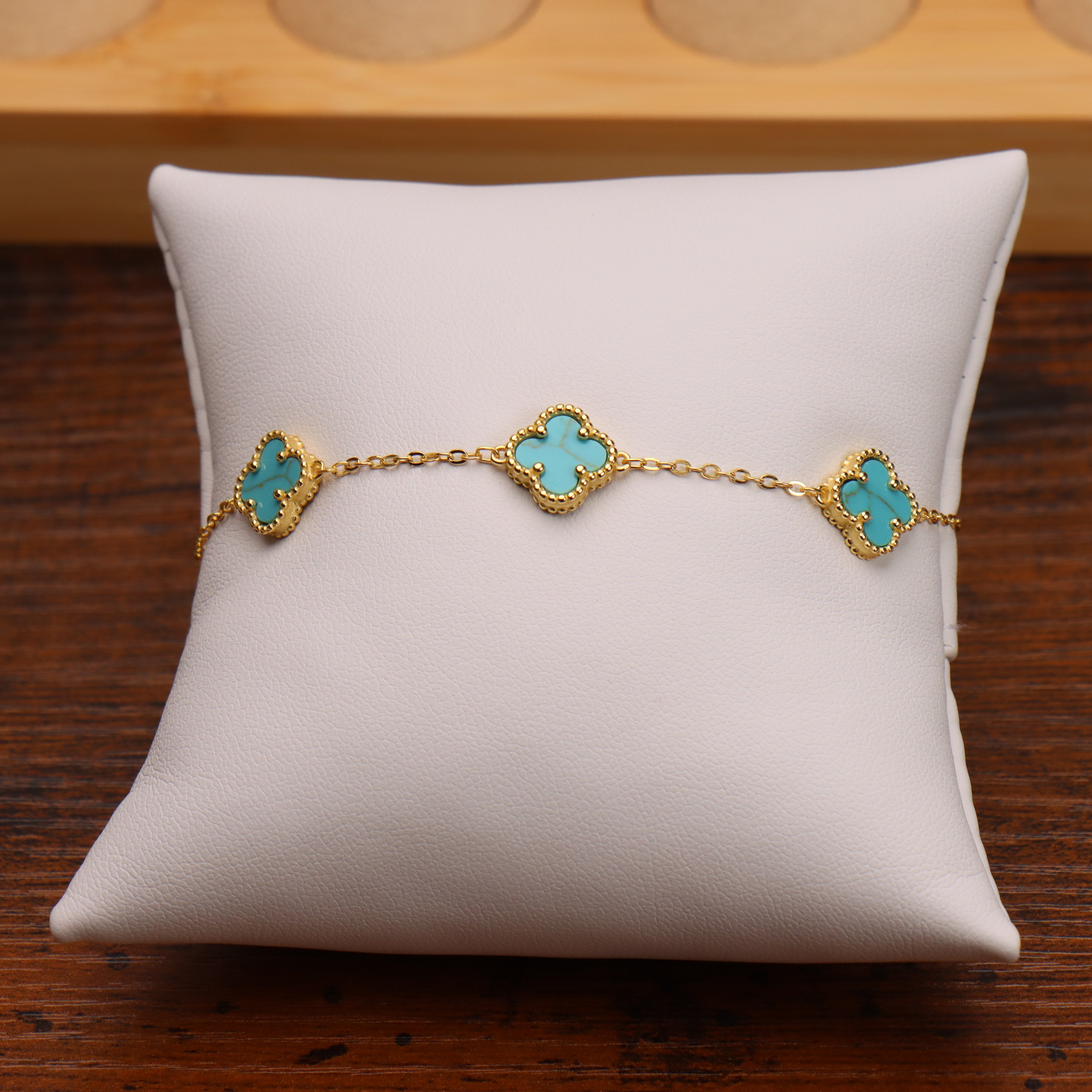 Turquoise Bracelet 7-8" inch 14k  Gold Over 925 Sterling Silver 5 Clover