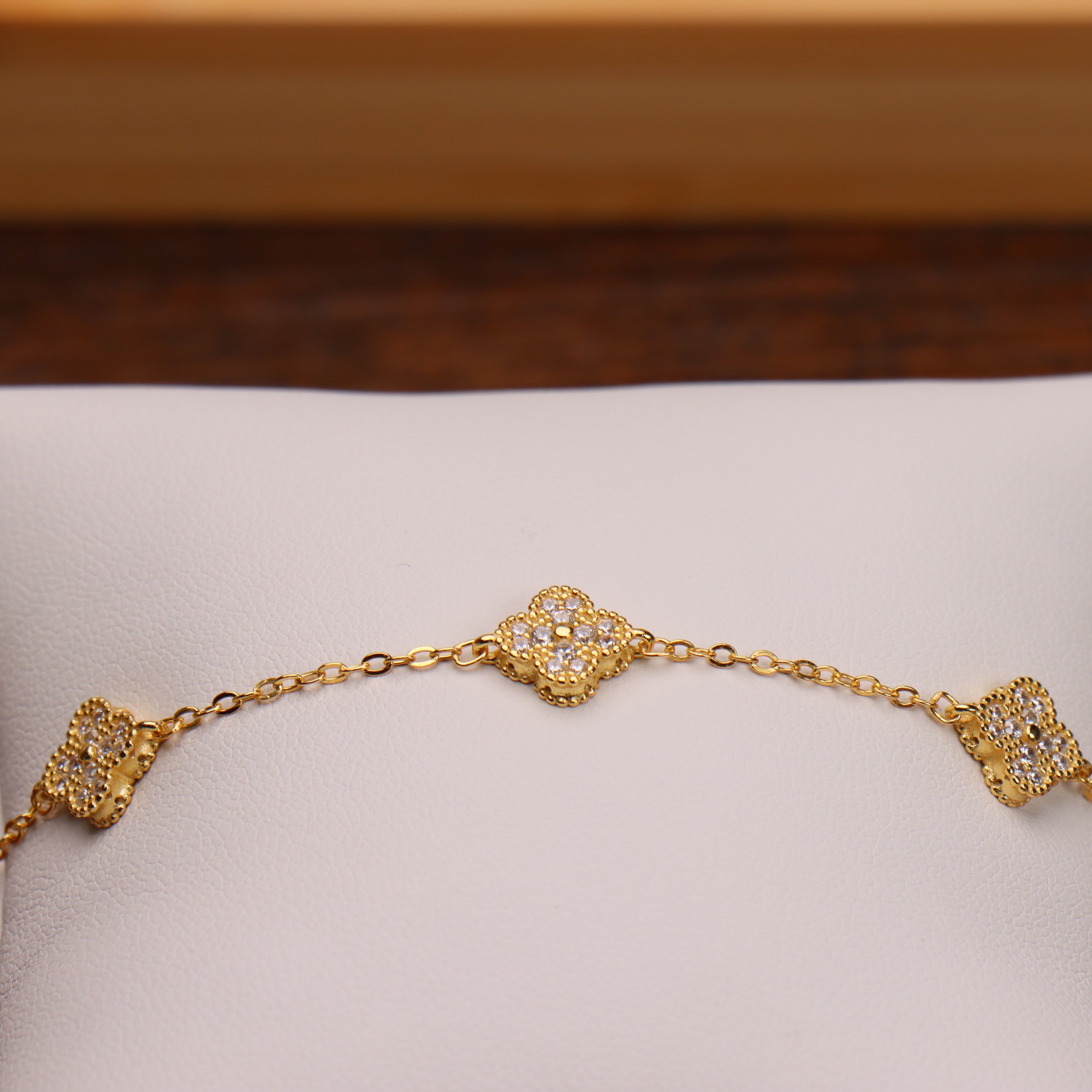 CZ Clover Bracelet Adjustable 7-8" inch 925 14k Over 925 Sterling Silver