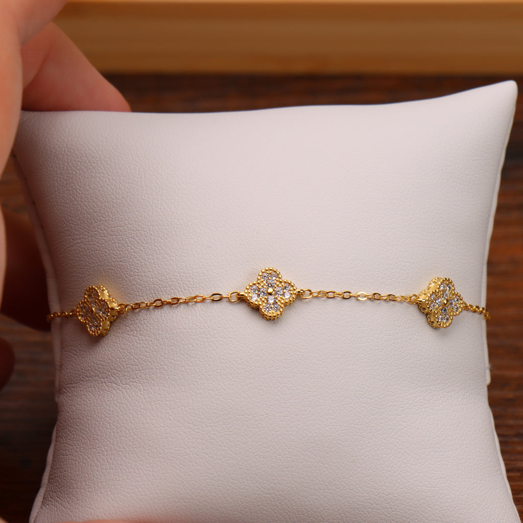 CZ Clover Bracelet Adjustable 7-8" inch 925 14k Over 925 Sterling Silver