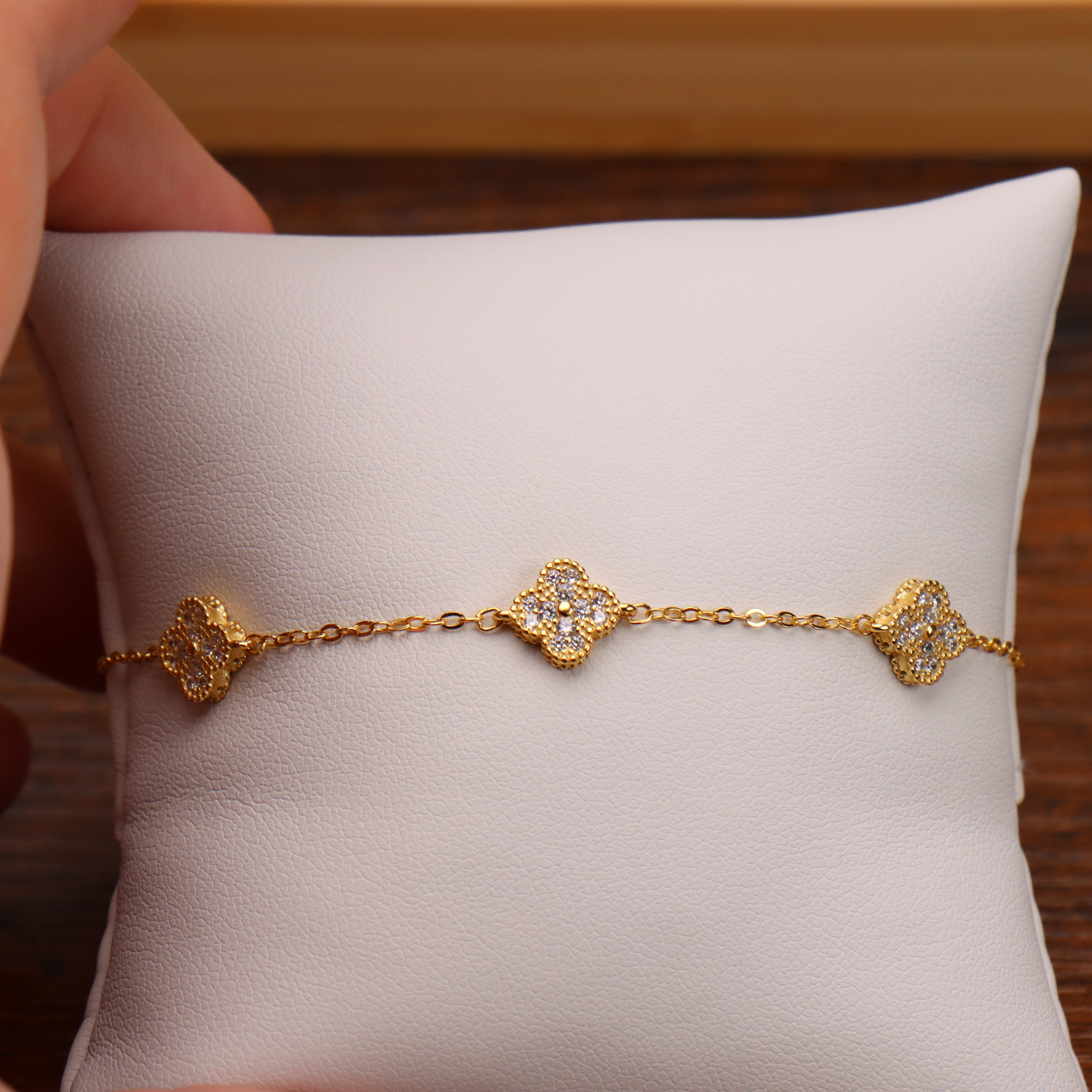 CZ Clover Bracelet Adjustable 7-8" inch 925 14k Over 925 Sterling Silver