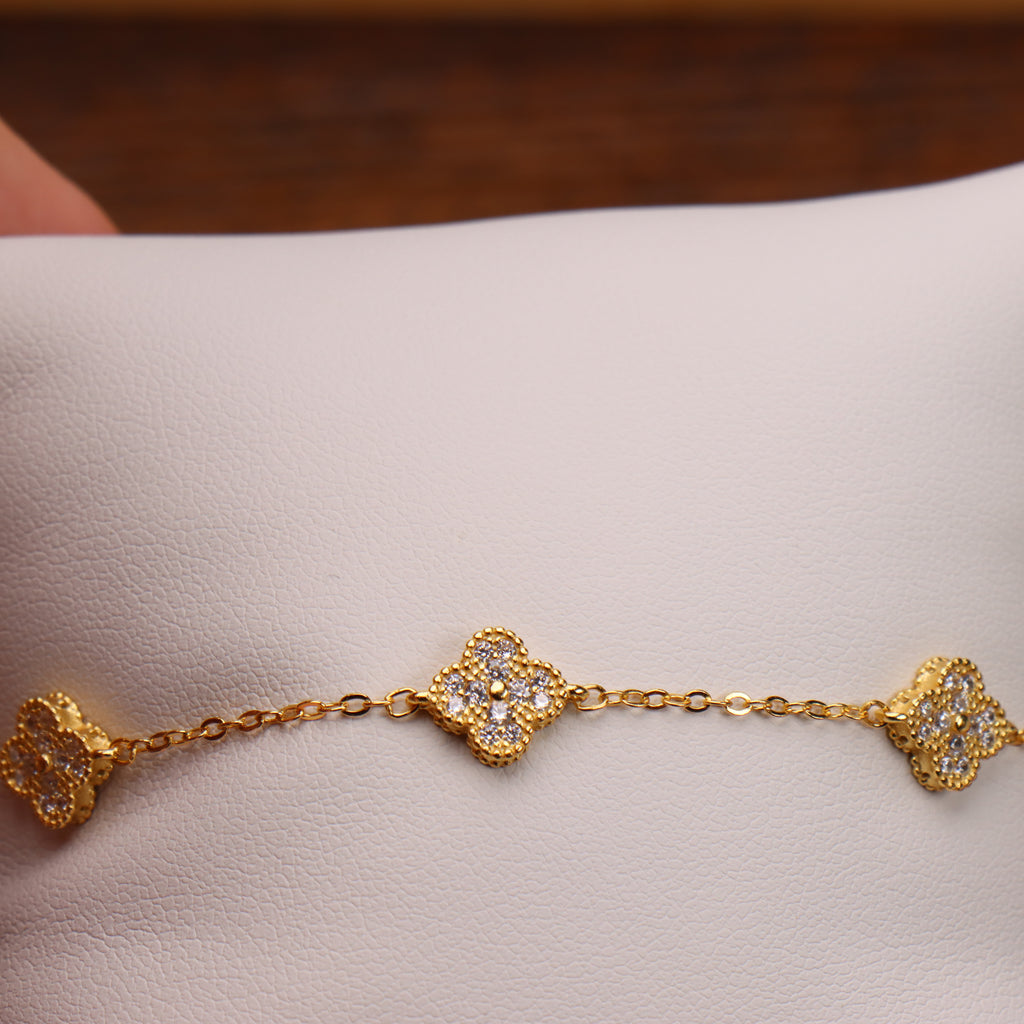CZ Clover Bracelet Adjustable 7-8" inch 925 14k Over 925 Sterling Silver