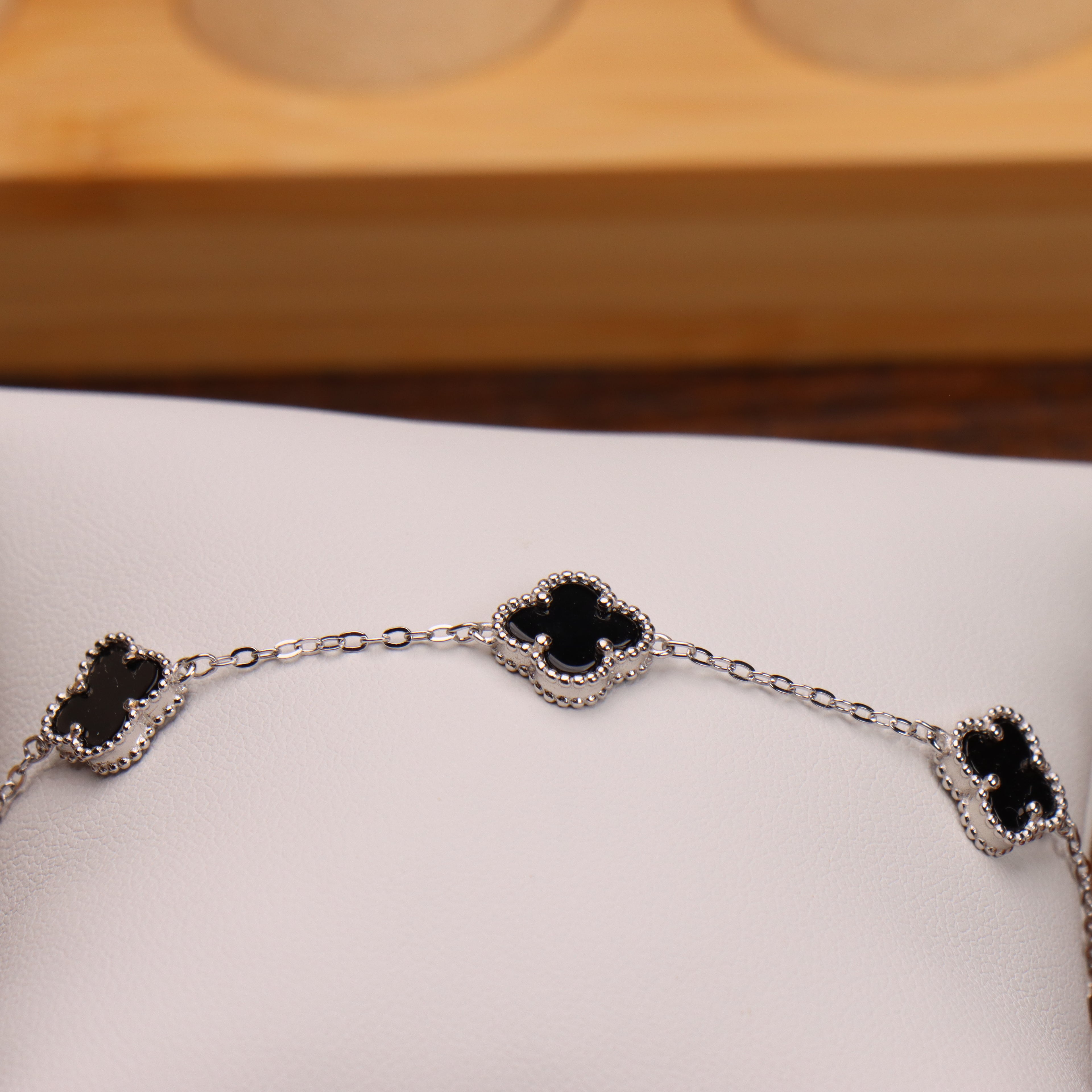 Black Onyx Clover Bracelet Adjustable 7-8" inch 925 Sterling Silver 5 Clover