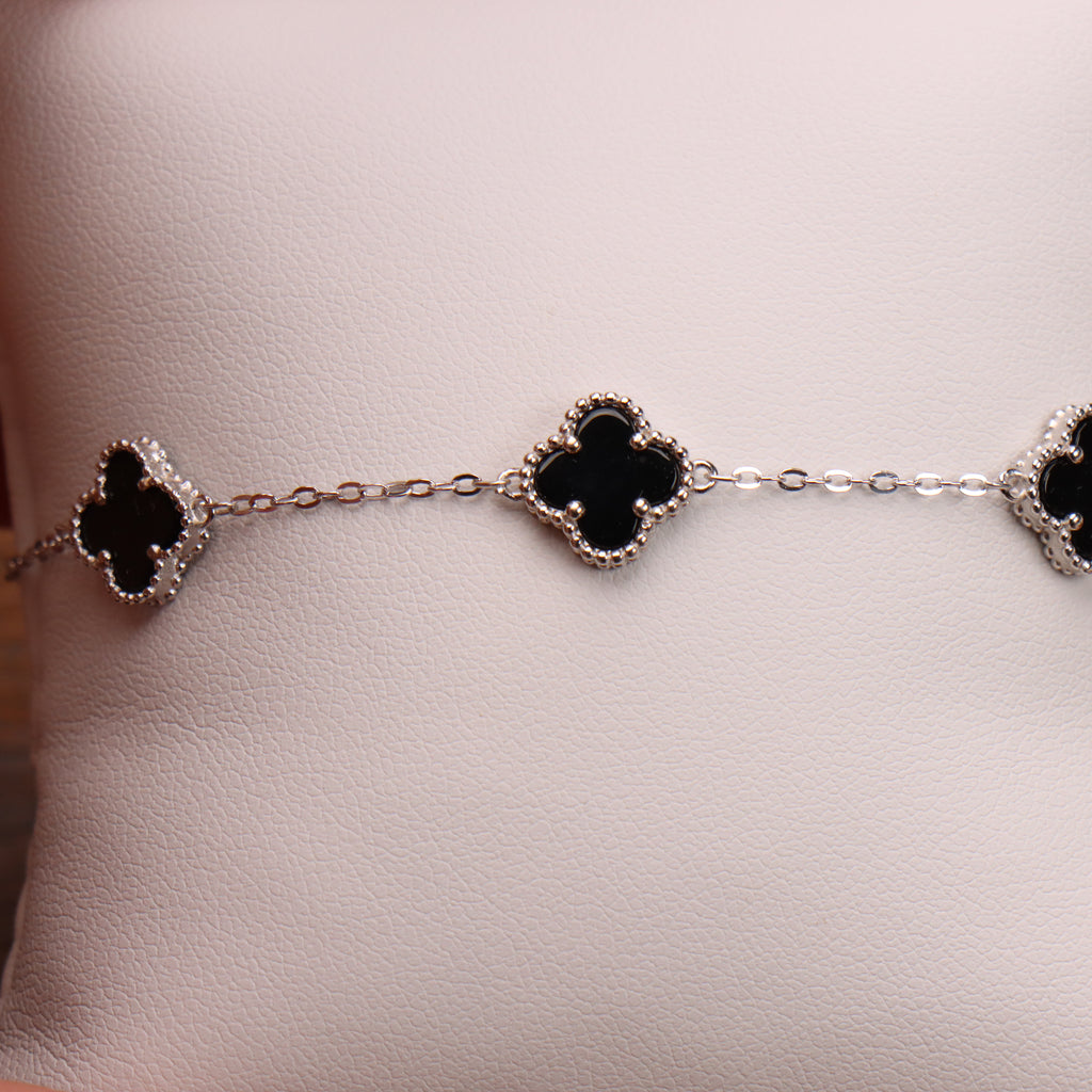 Black Onyx Clover Bracelet Adjustable 7-8" inch 925 Sterling Silver 5 Clover