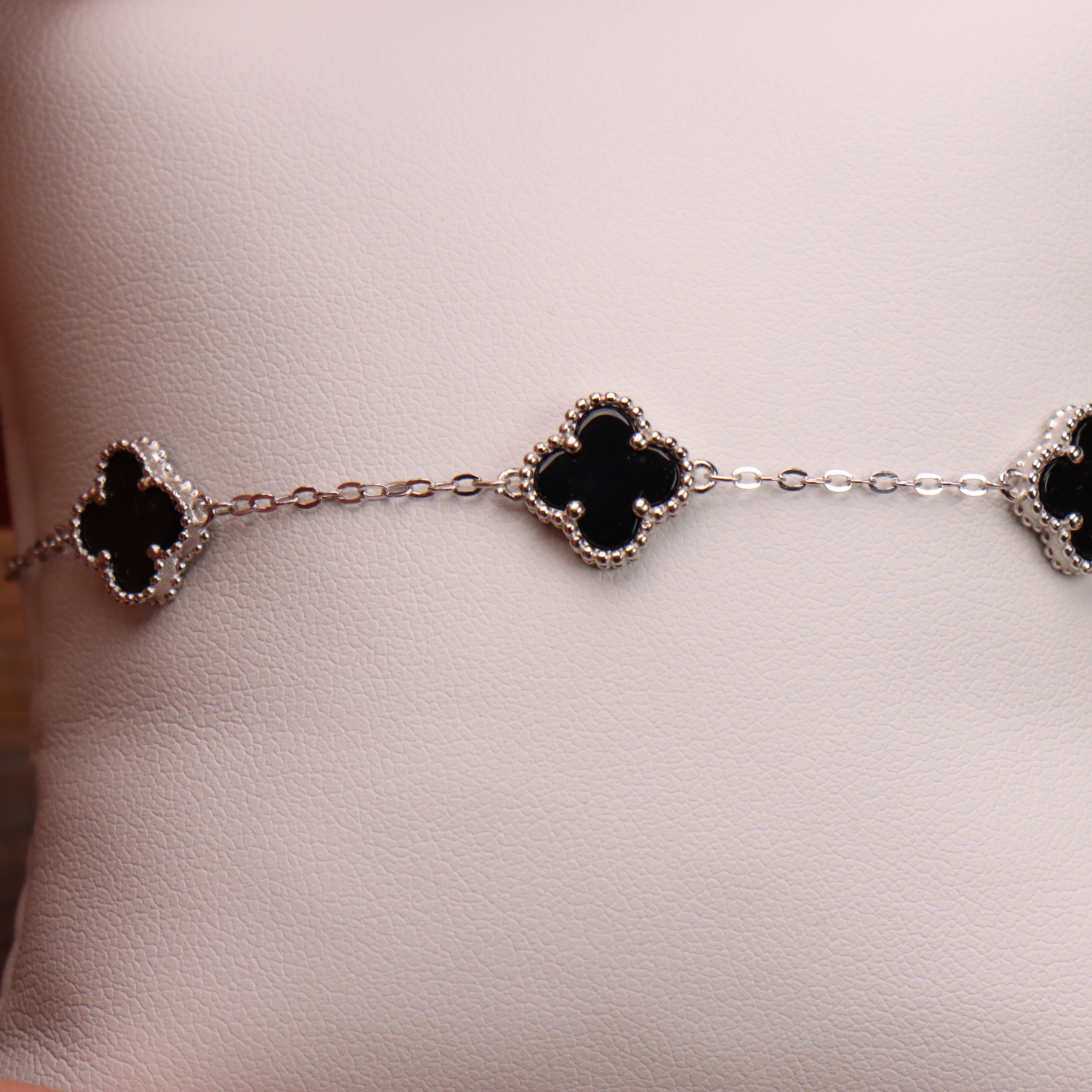 Black Onyx Clover Bracelet Adjustable 7-8" inch 925 Sterling Silver 5 Clover