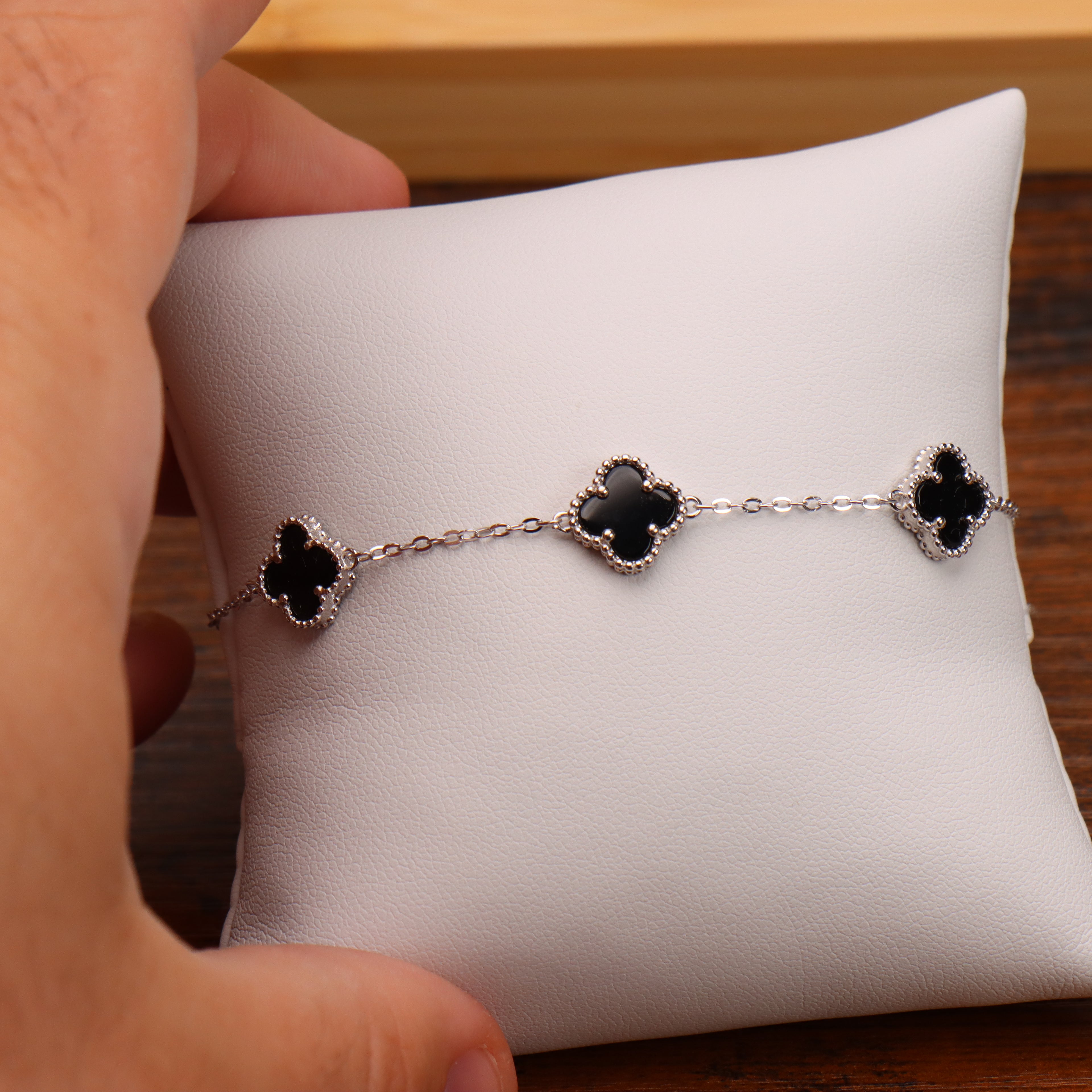 Black Onyx Clover Bracelet Adjustable 7-8" inch 925 Sterling Silver 5 Clover