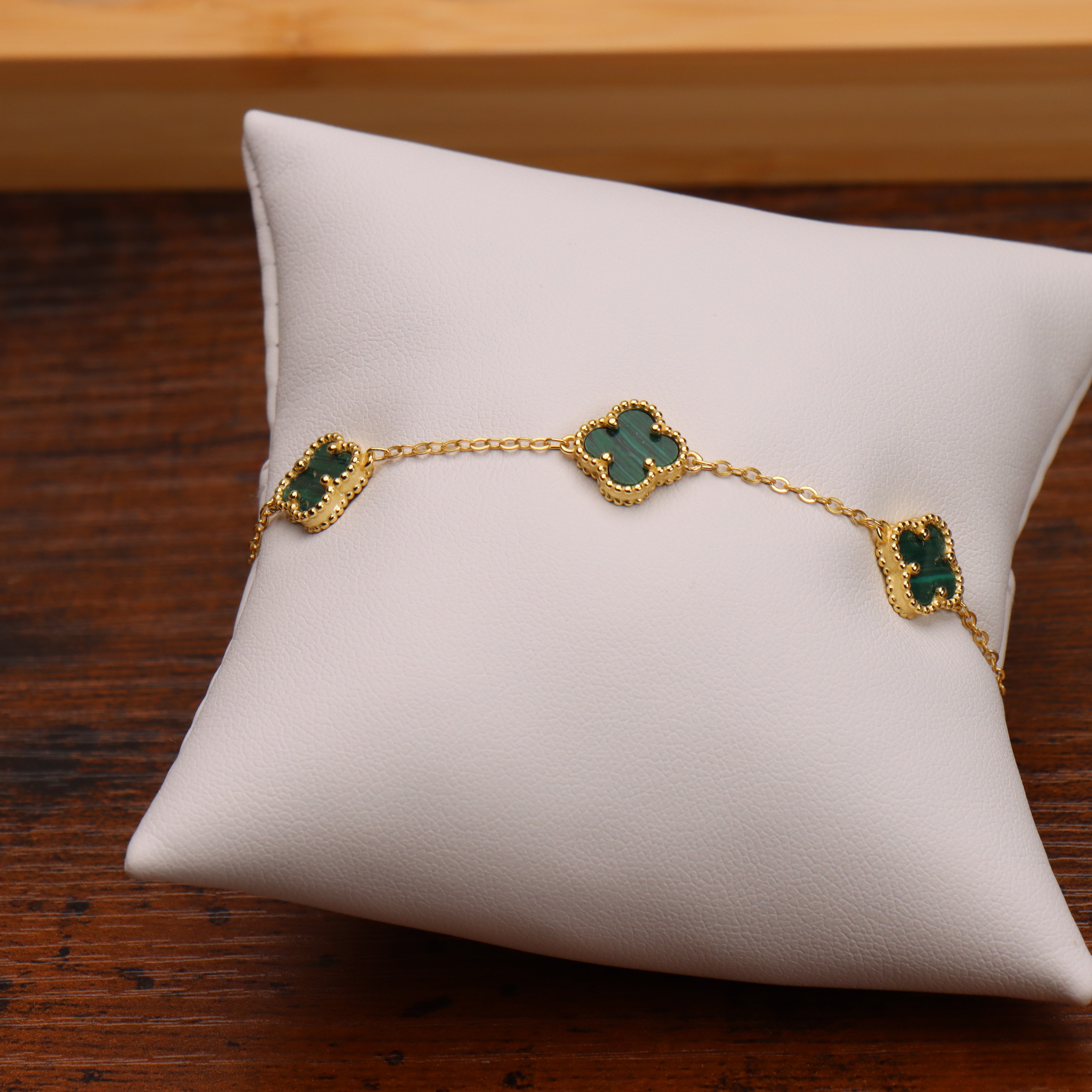 Green Malachite Bracelet 7-8" inch 14k Gold Over 925 Sterling Silver 5 Clover