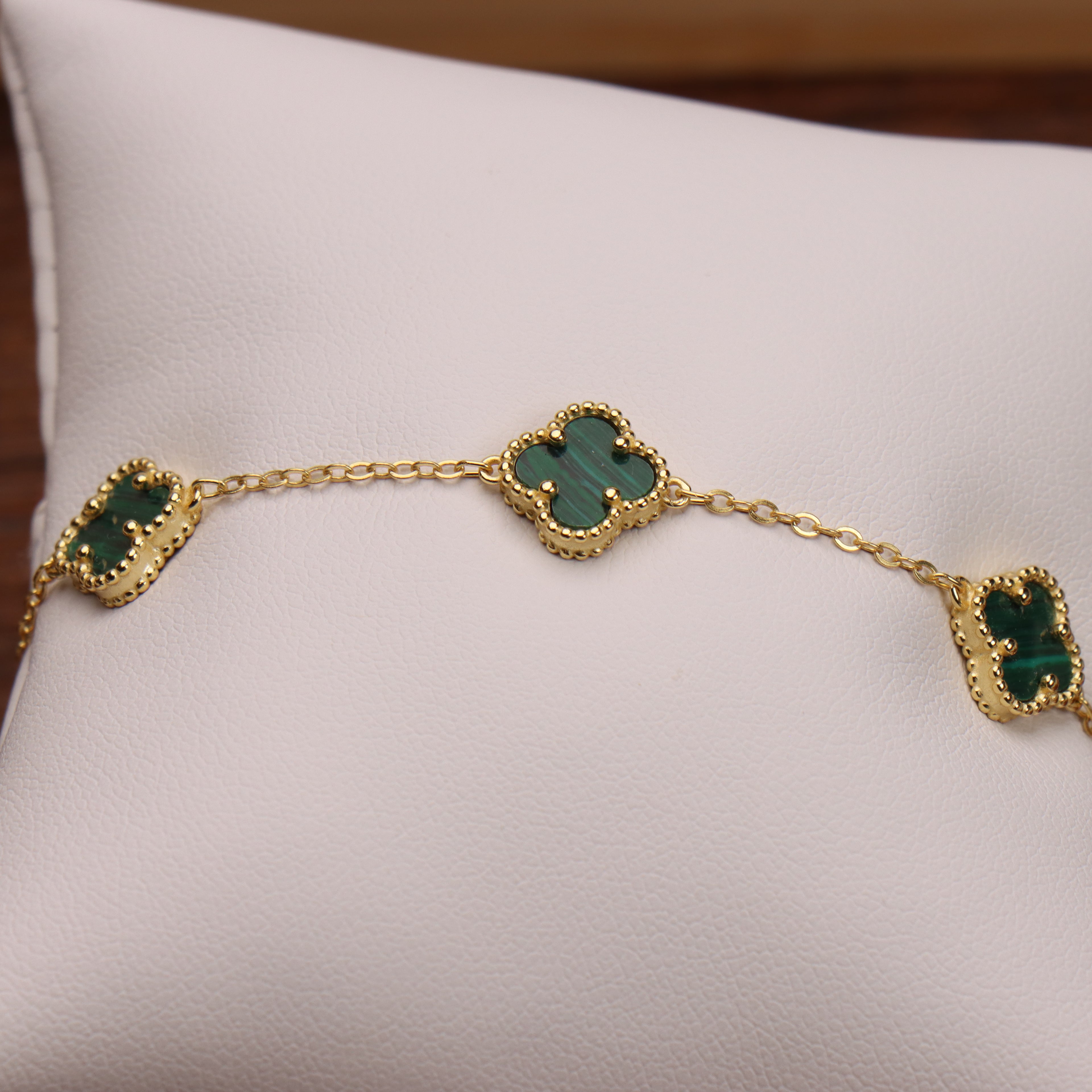 Green Malachite Bracelet 7-8" inch 14k Gold Over 925 Sterling Silver 5 Clover