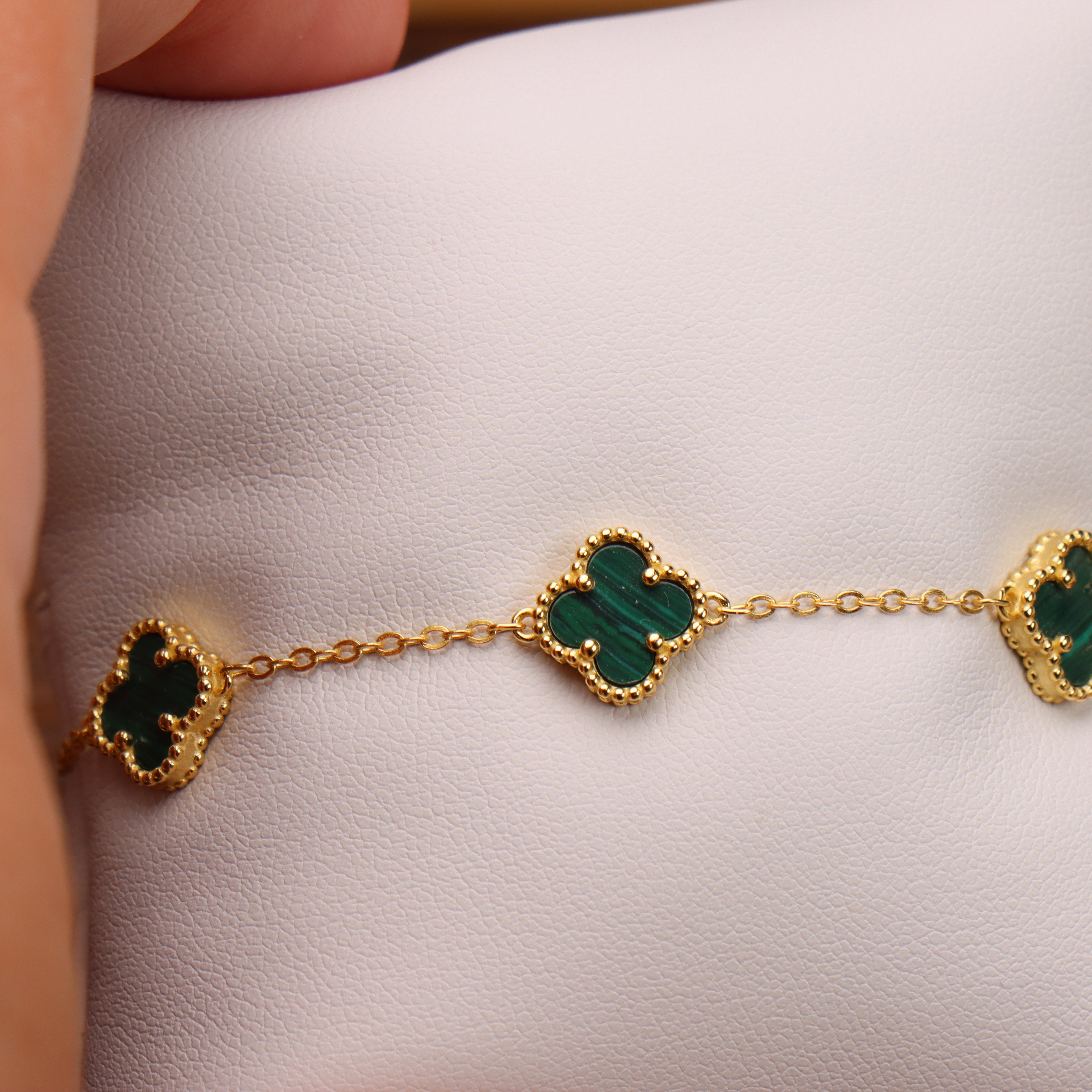 Green Malachite Bracelet 7-8" inch 14k Gold Over 925 Sterling Silver 5 Clover