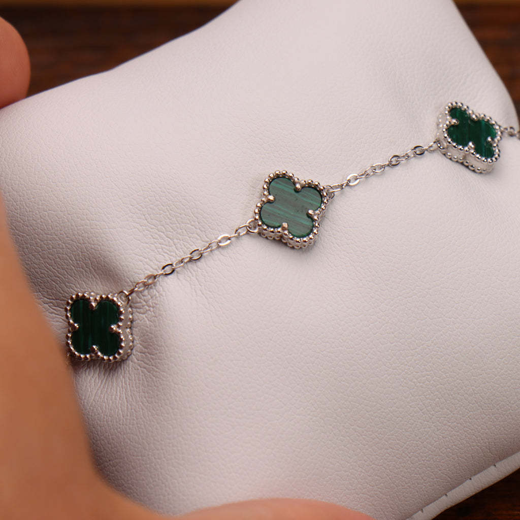Green Malachite Bracelet 7-8" inch Adjustable 925 Sterling Silver 5 Clover