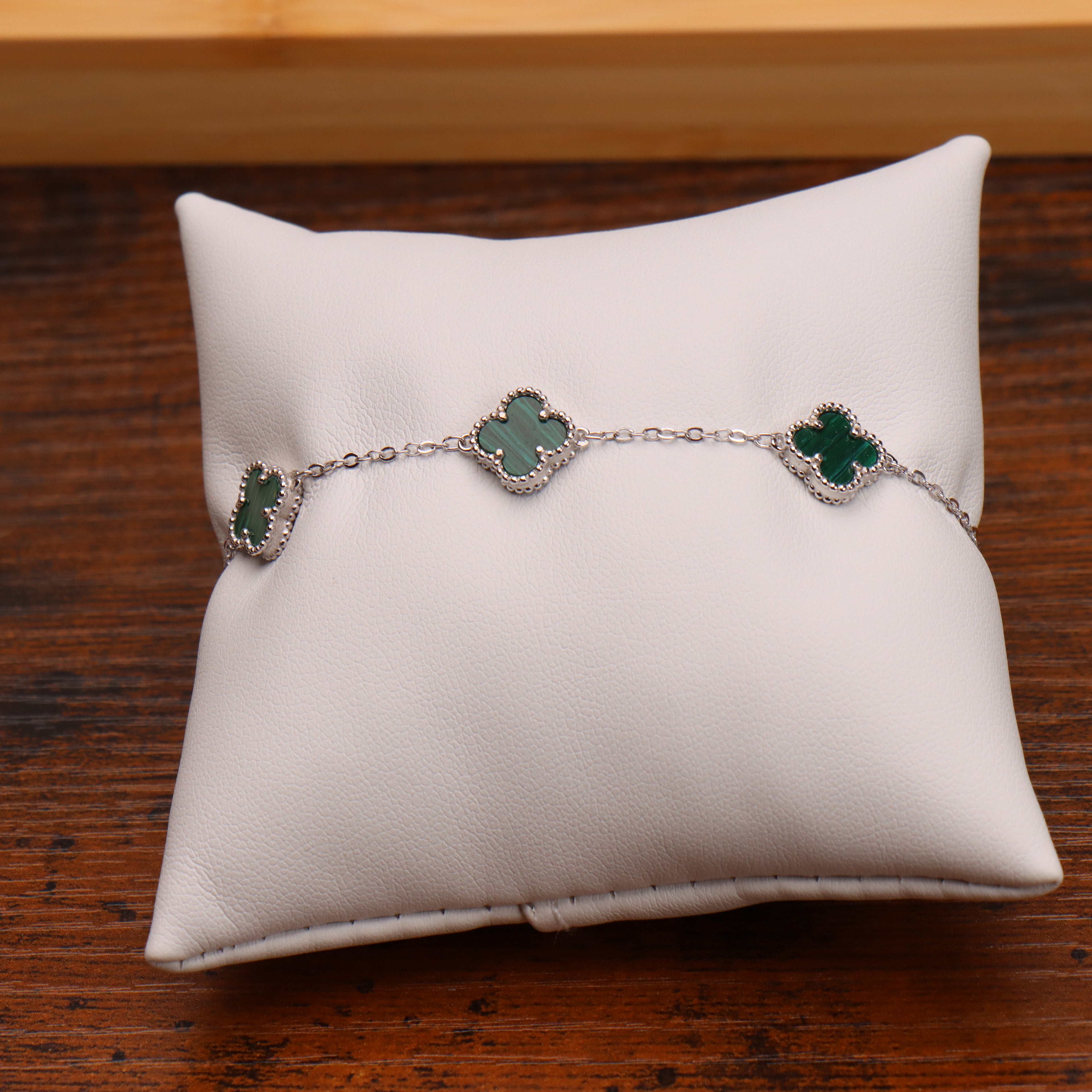 Green Malachite Bracelet 7-8" inch Adjustable 925 Sterling Silver 5 Clover