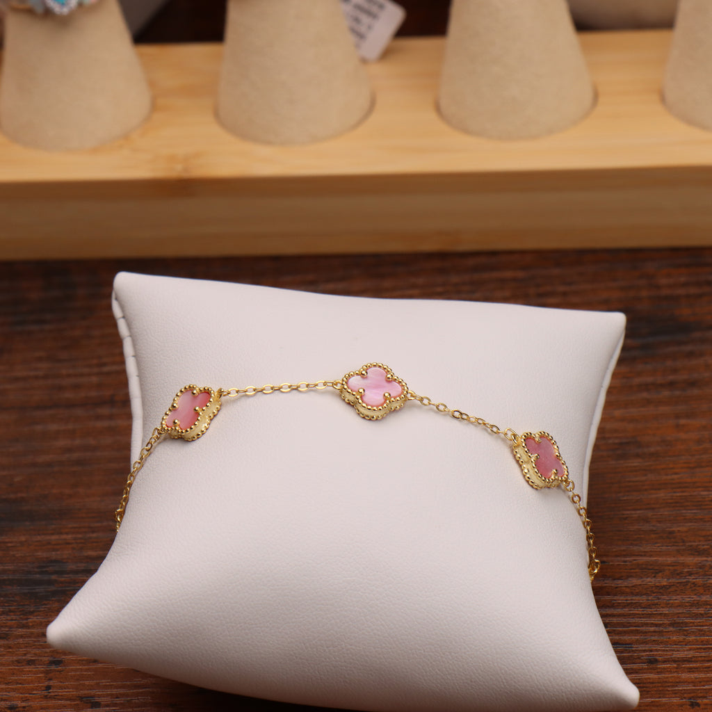 Pink Mother Of Pearl Clover Bracelet 7-8" inch 14k Gold Over 925  Silver