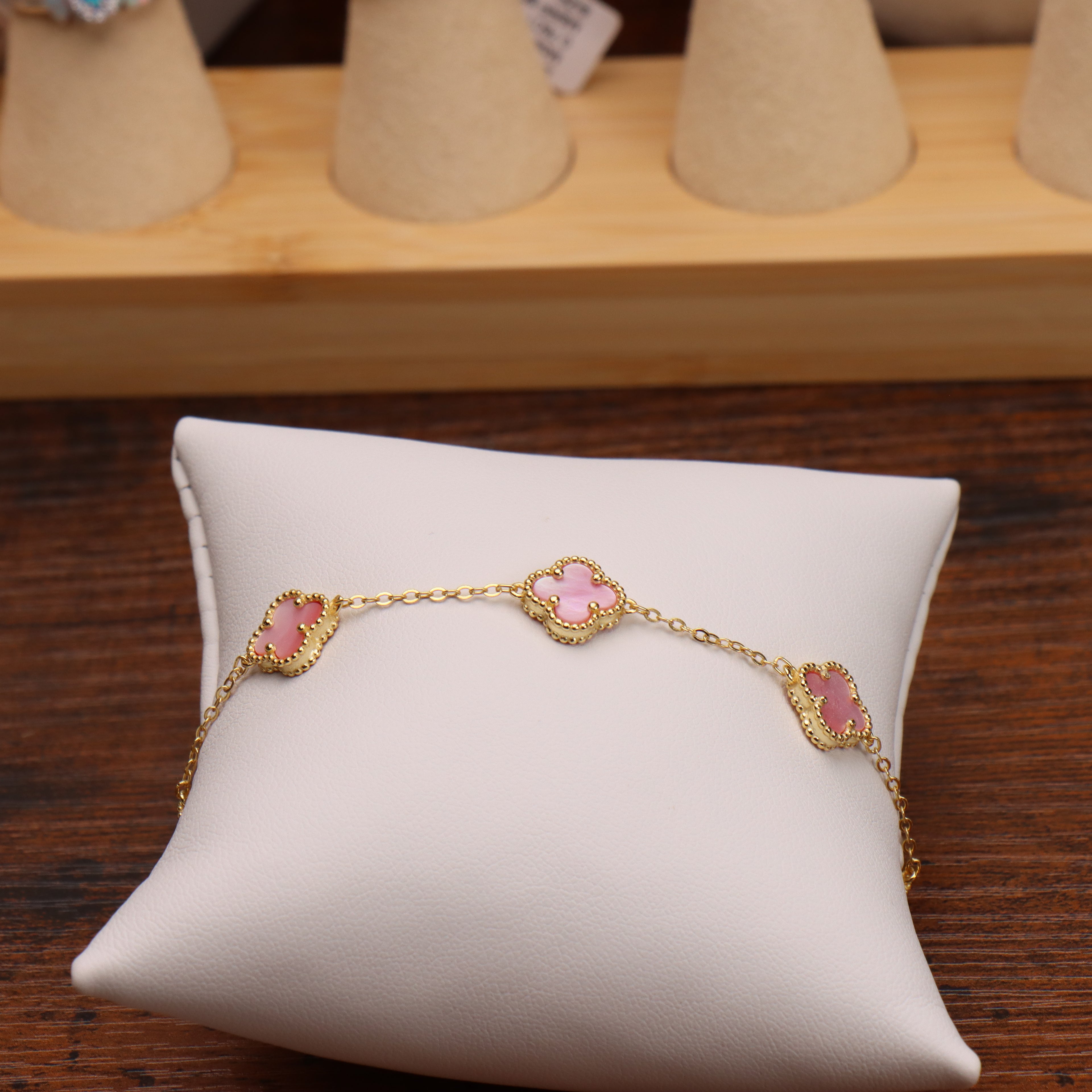Pink Mother Of Pearl Clover Bracelet 7-8" inch 14k Gold Over 925  Silver