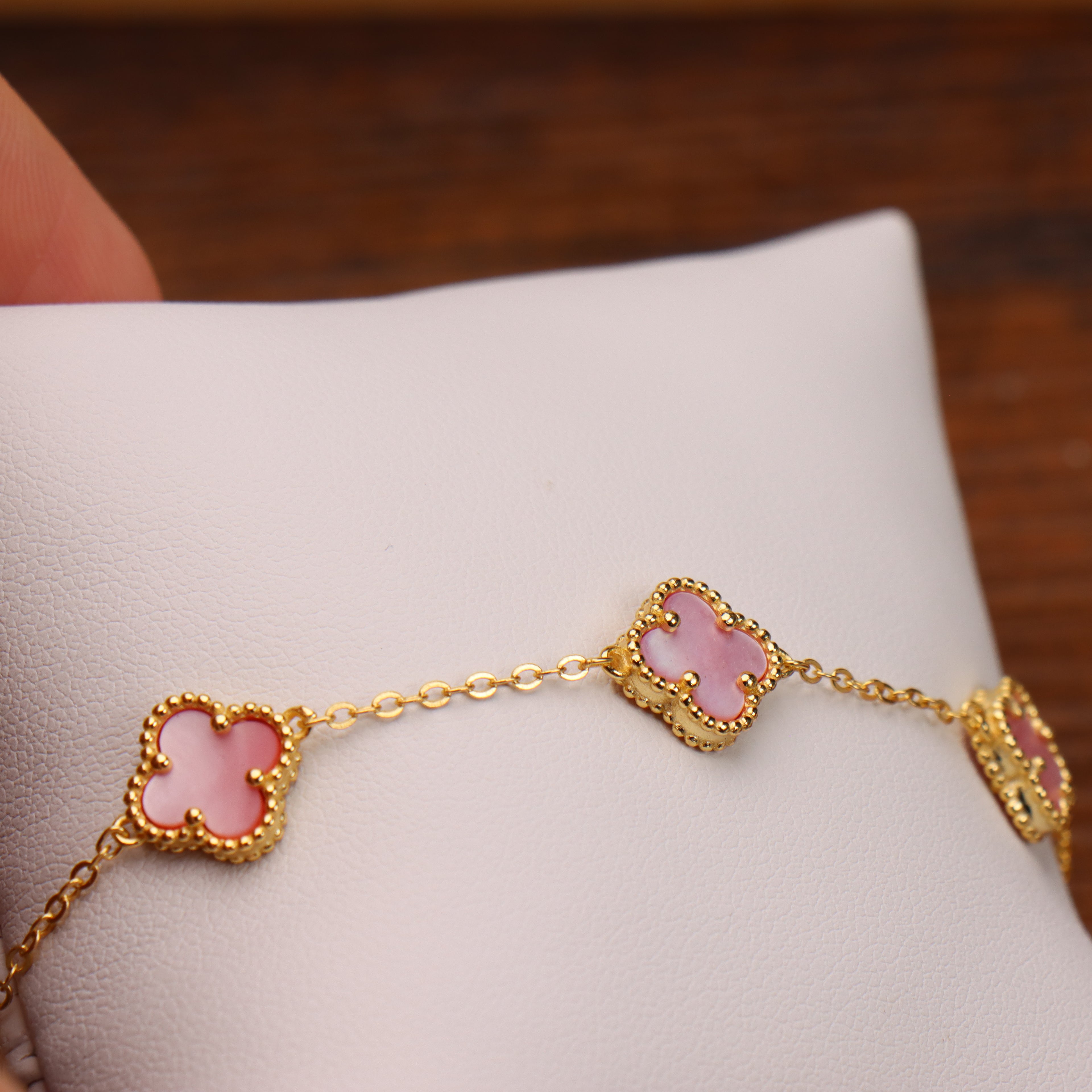 Pink Mother Of Pearl Clover Bracelet 7-8" inch 14k Gold Over 925  Silver