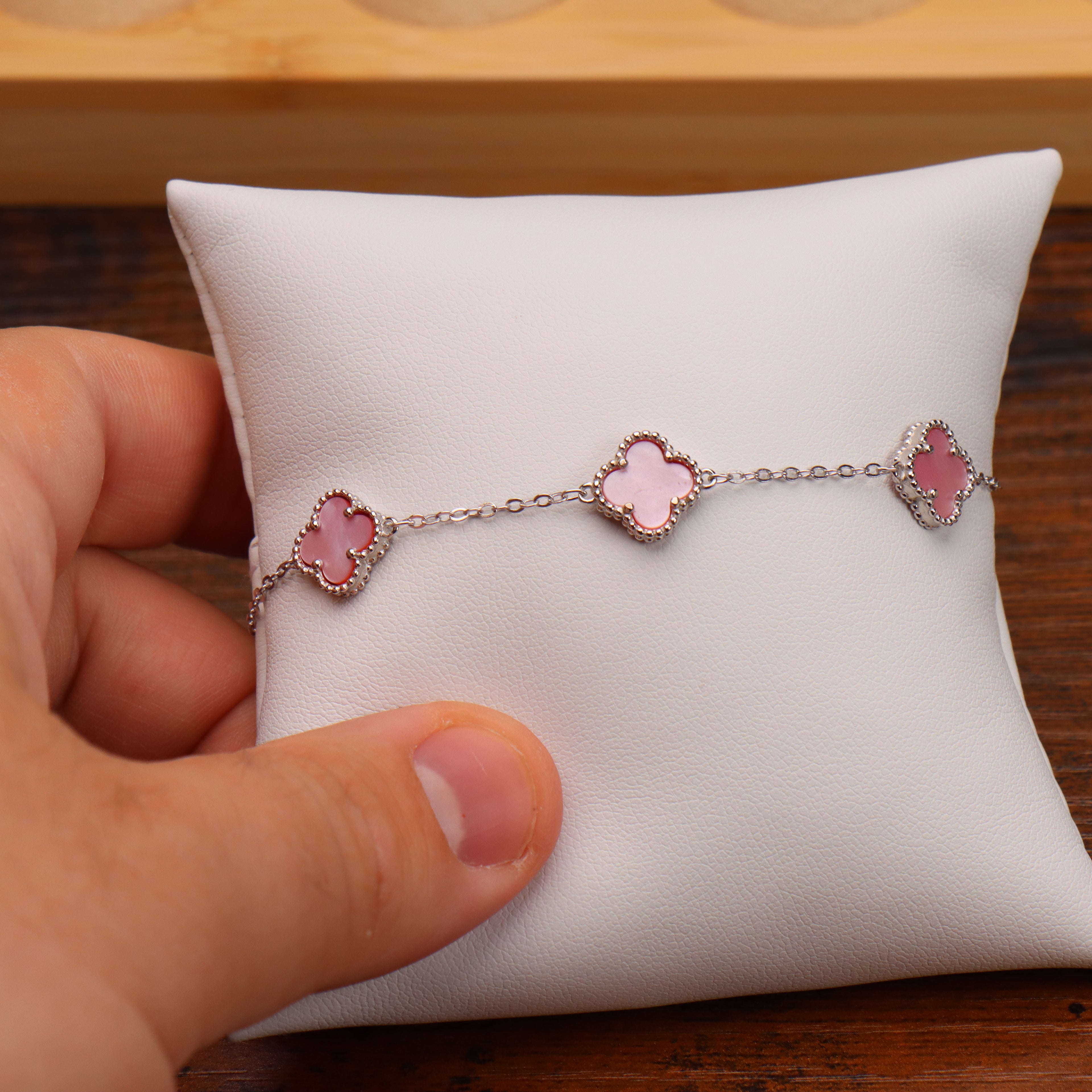 Pink Mother Of Pearl Clover Bracelet 7-8" inch 925 Sterling Silver