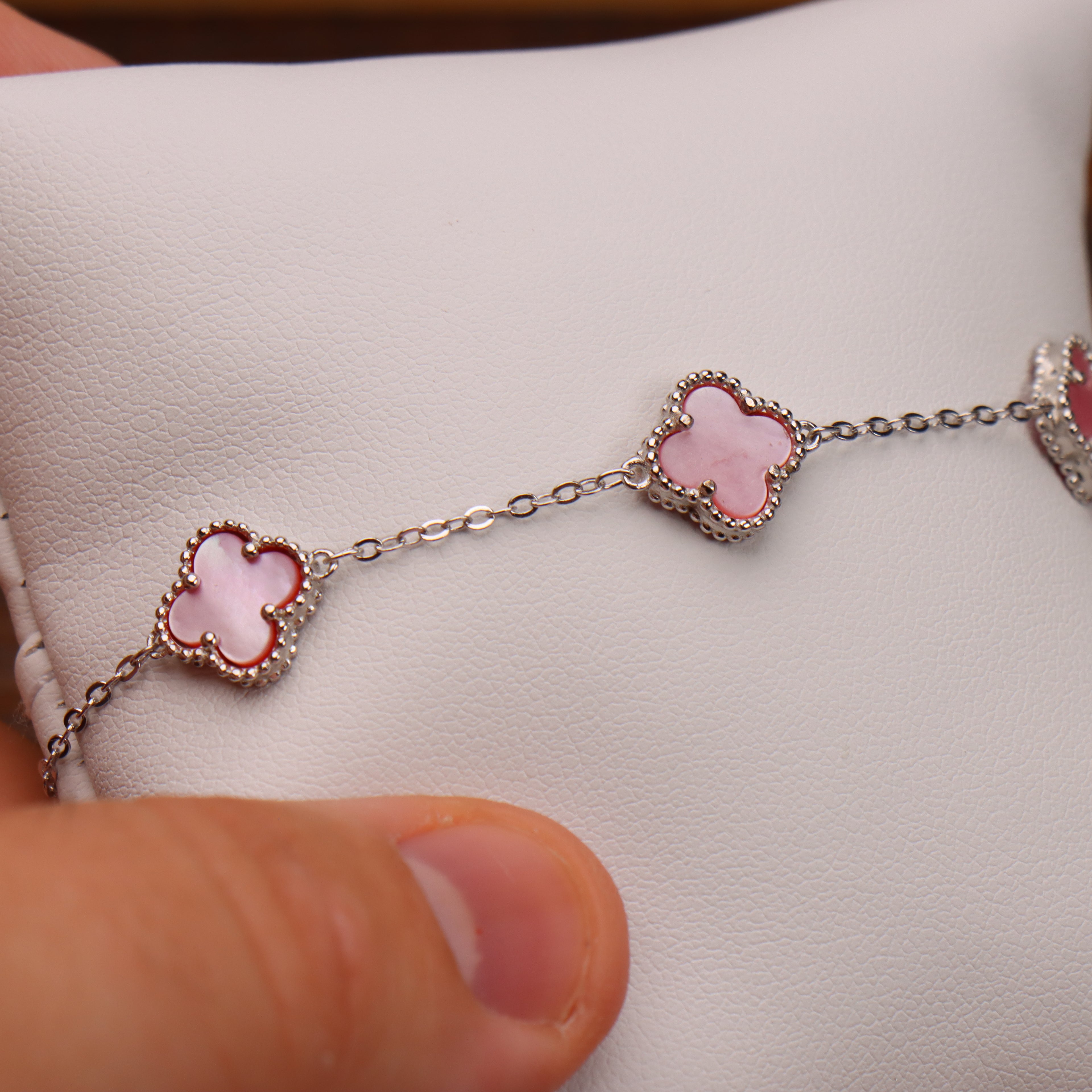 Pink Mother Of Pearl Clover Bracelet 7-8" inch 925 Sterling Silver