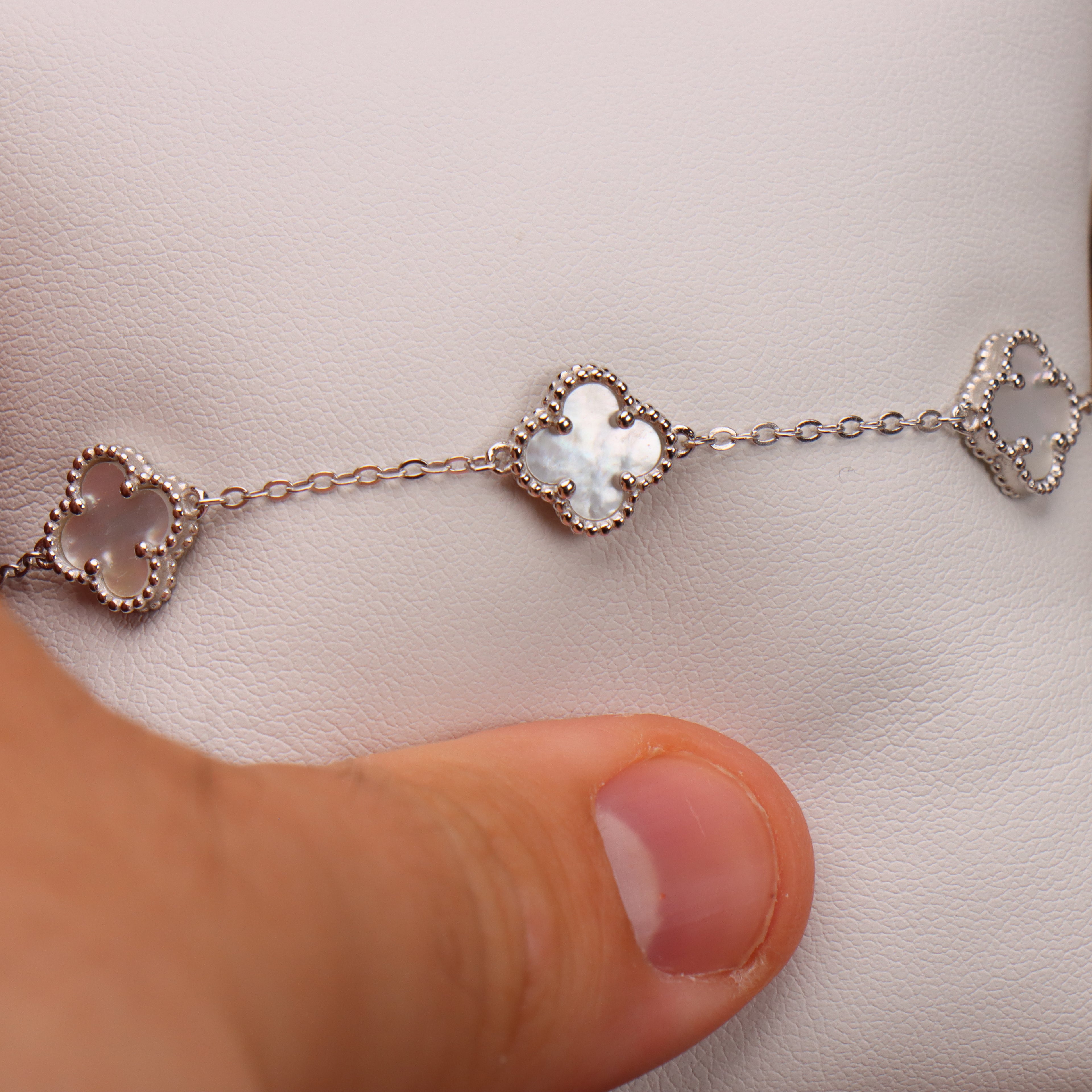 Mother Of Pearl Clover Bracelet Adjustable 7-8" inch 925 Sterling Silver