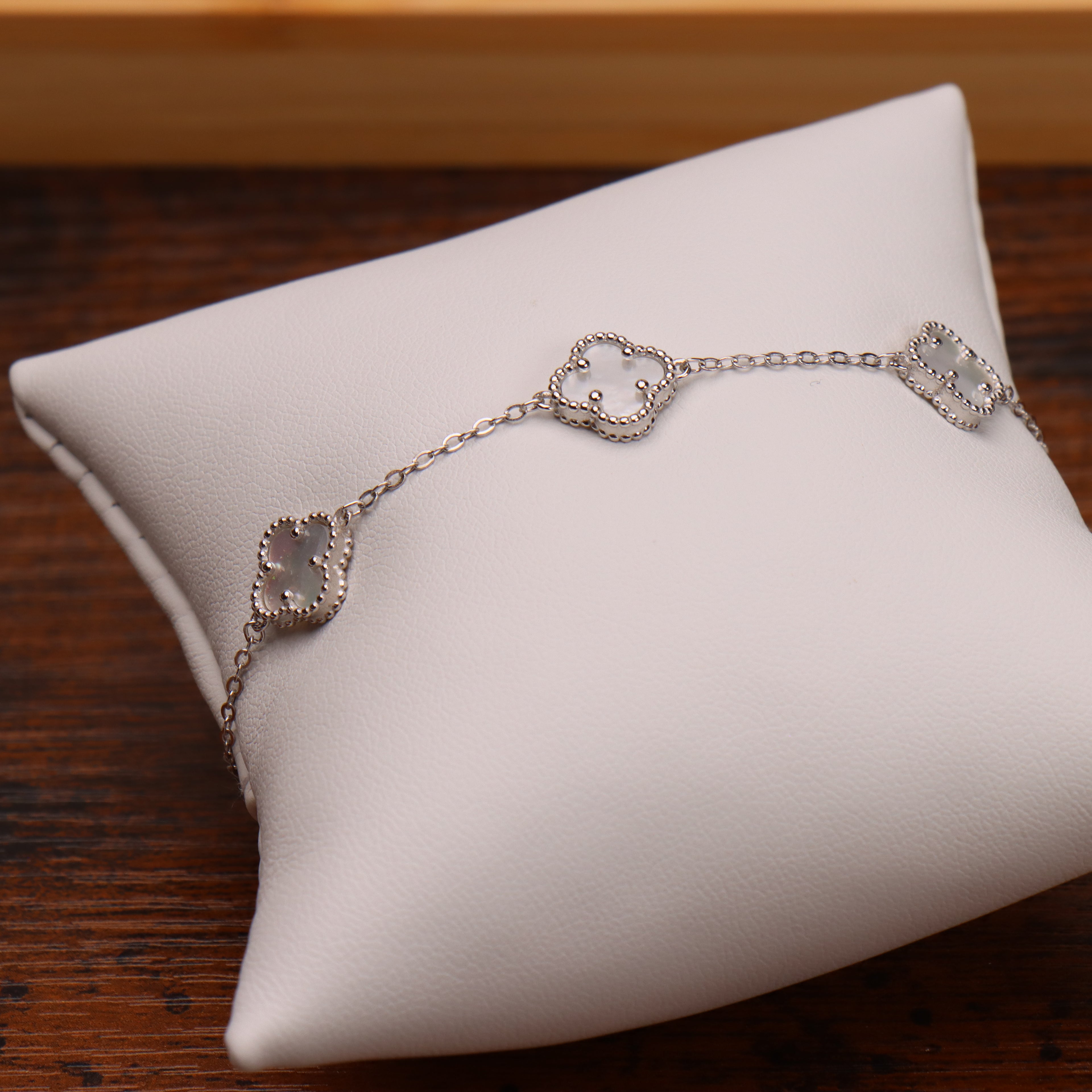 Mother Of Pearl Clover Bracelet Adjustable 7-8" inch 925 Sterling Silver