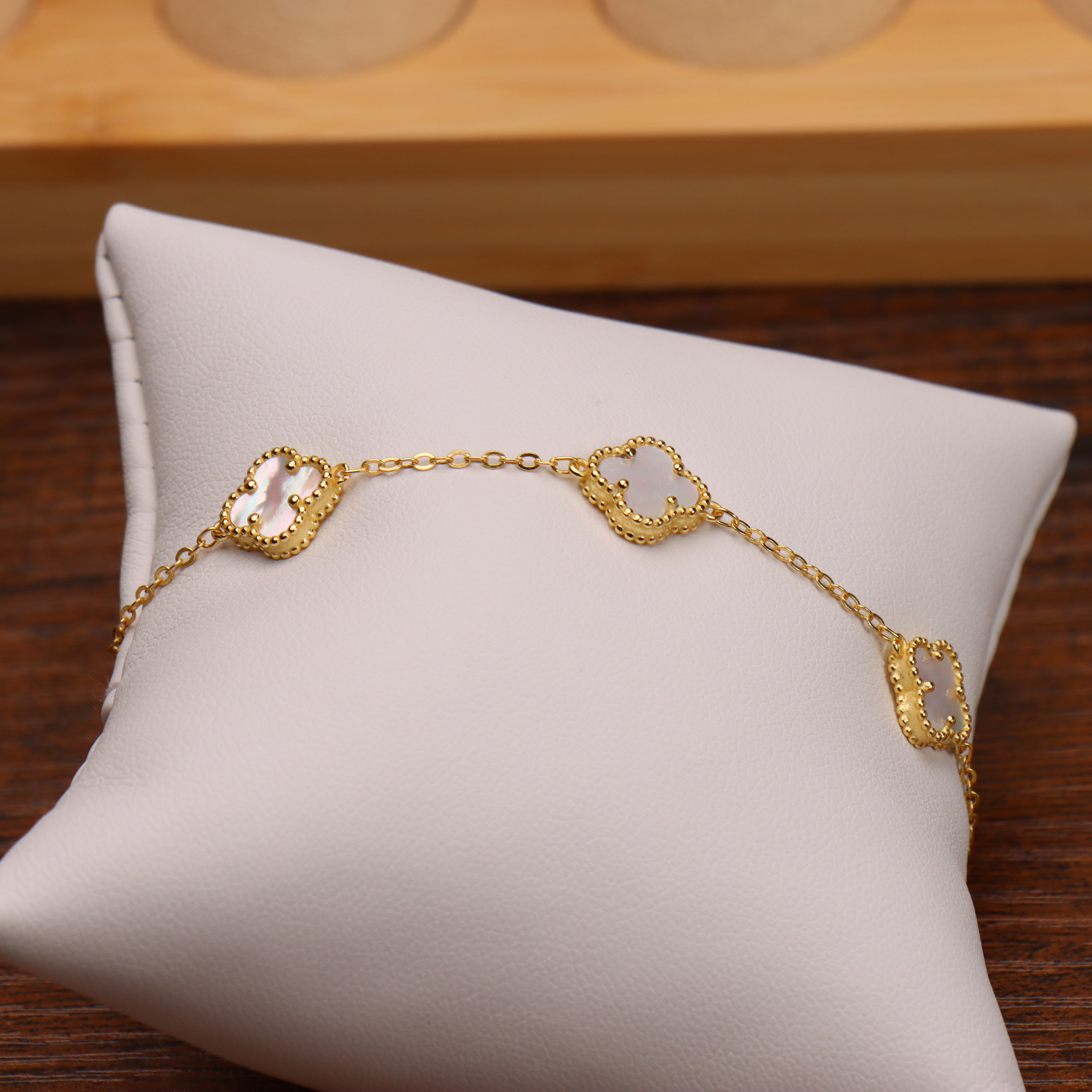 Mother Of Pearl Clover Bracelet Adjustable 7-8" inch 925 14k Over 925 Silver
