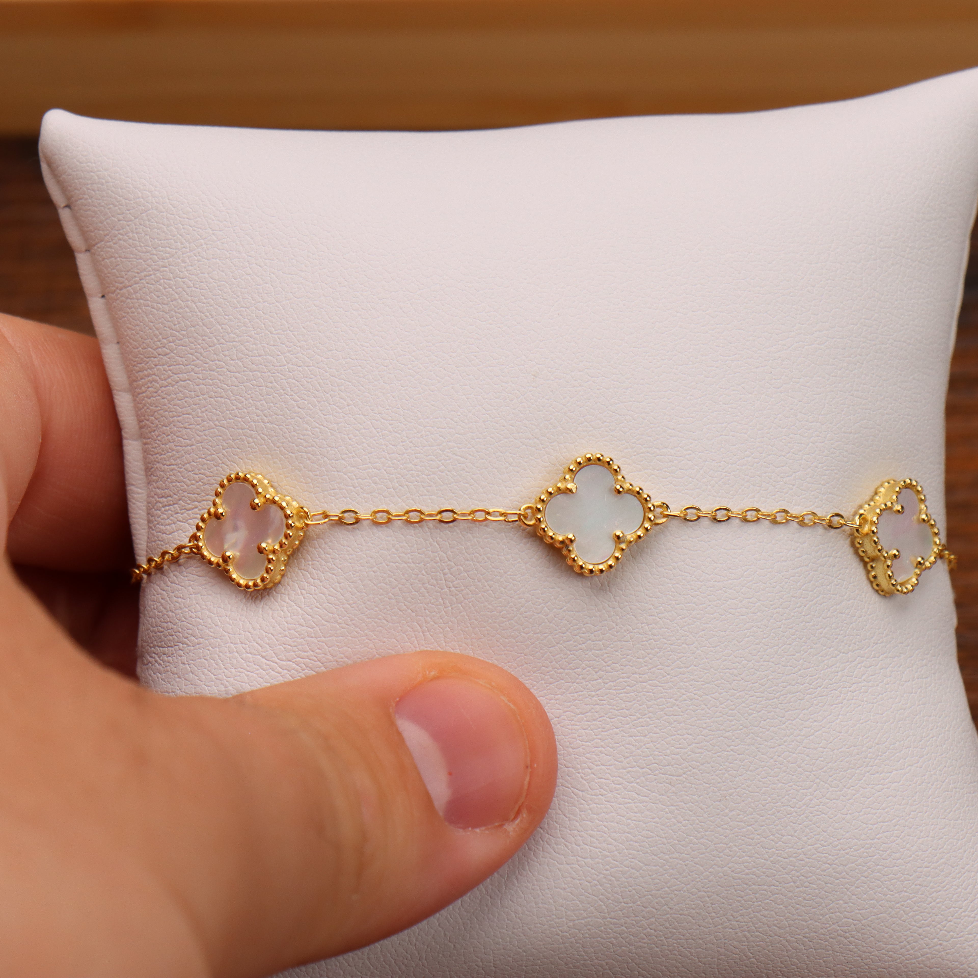 Mother Of Pearl Clover Bracelet Adjustable 7-8" inch 925 14k Over 925 Silver