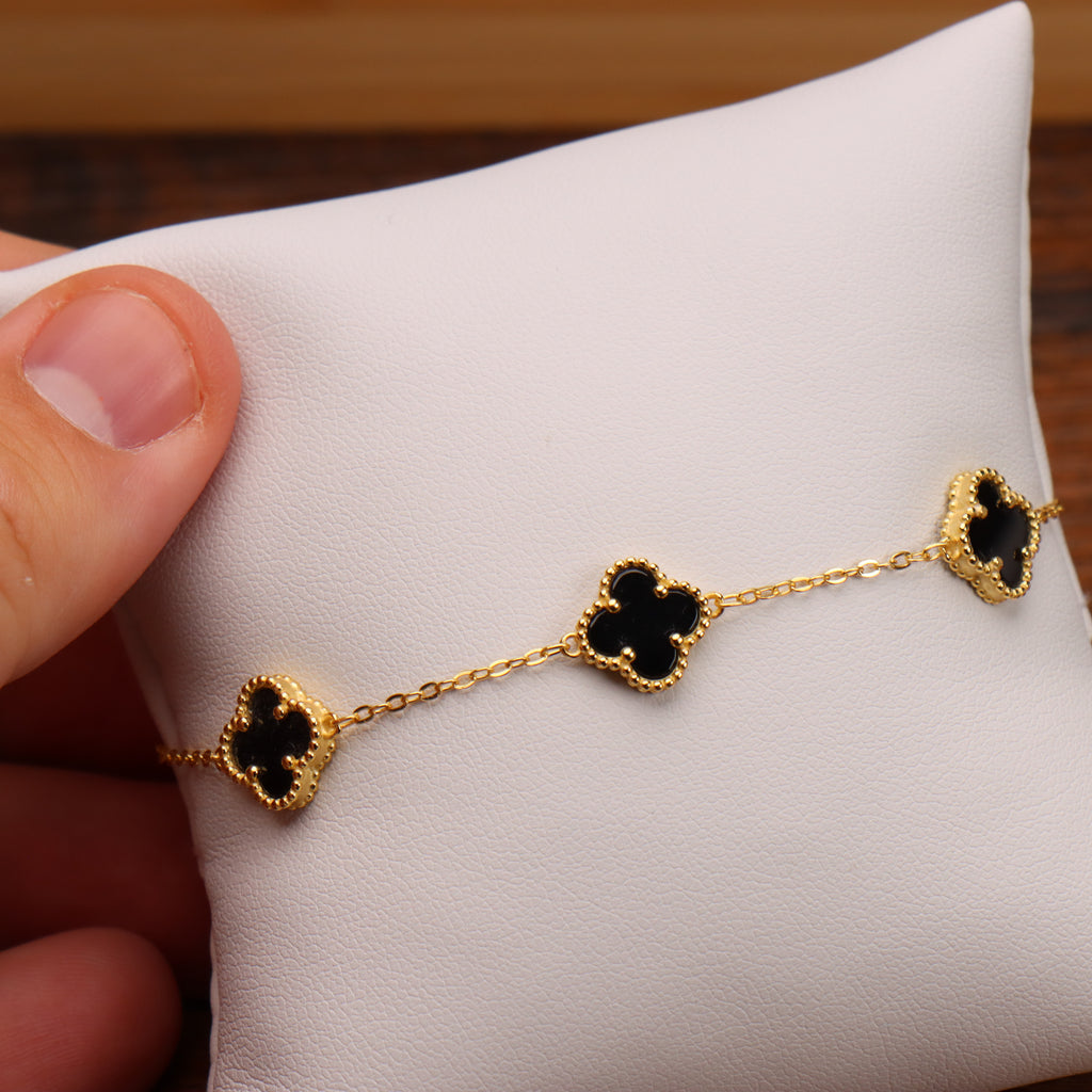 Black Onyx Clover Bracelet 14K Gold Over 925 Sterling Silver  7-8" inch