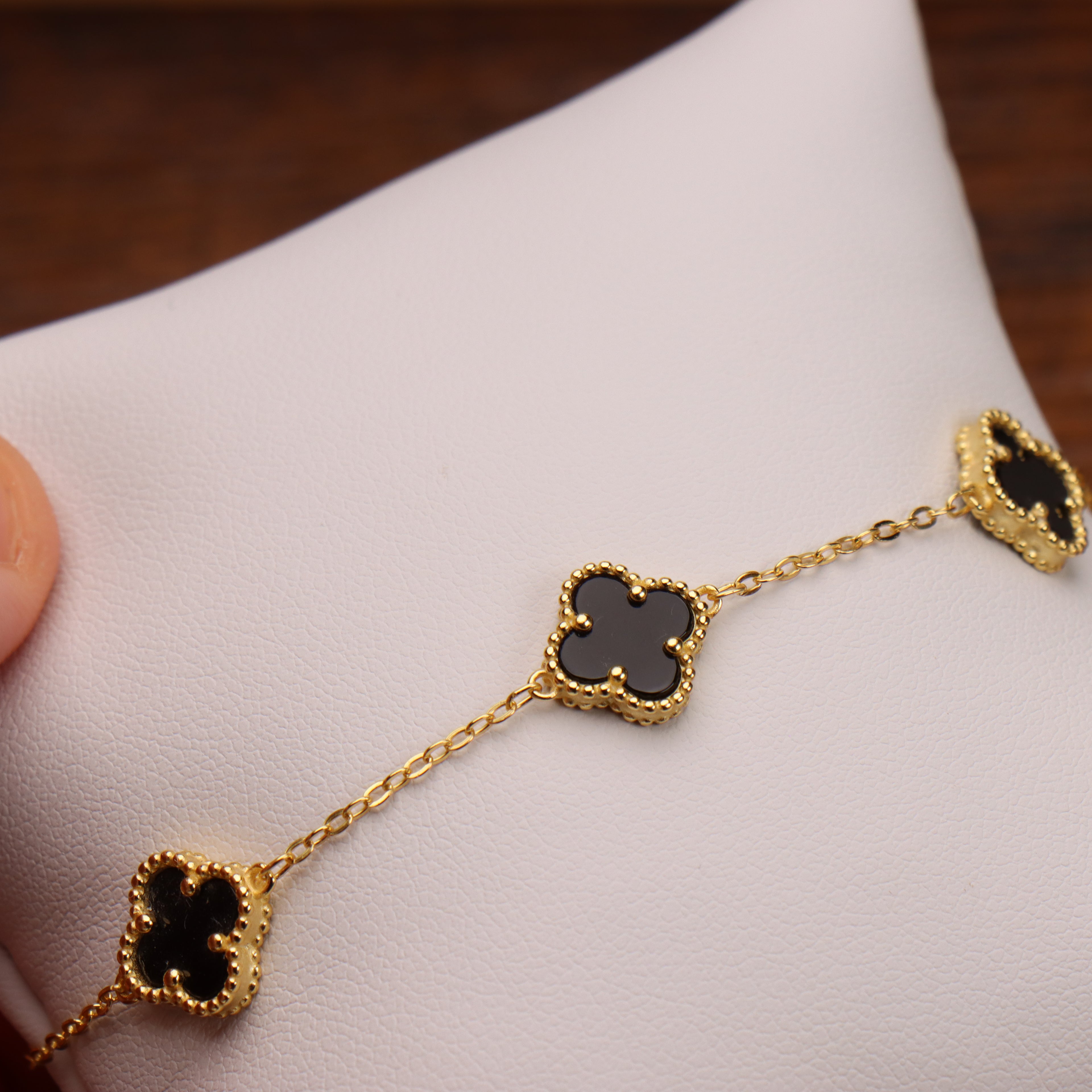 Black Onyx Clover Bracelet 14K Gold Over 925 Sterling Silver  7-8" inch