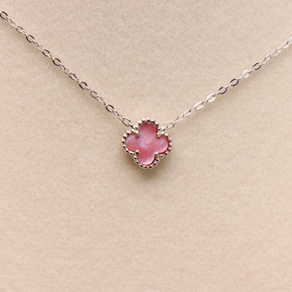 Pink Mother Of Pearl Clover 18” Adjustable Necklace 925 Silver