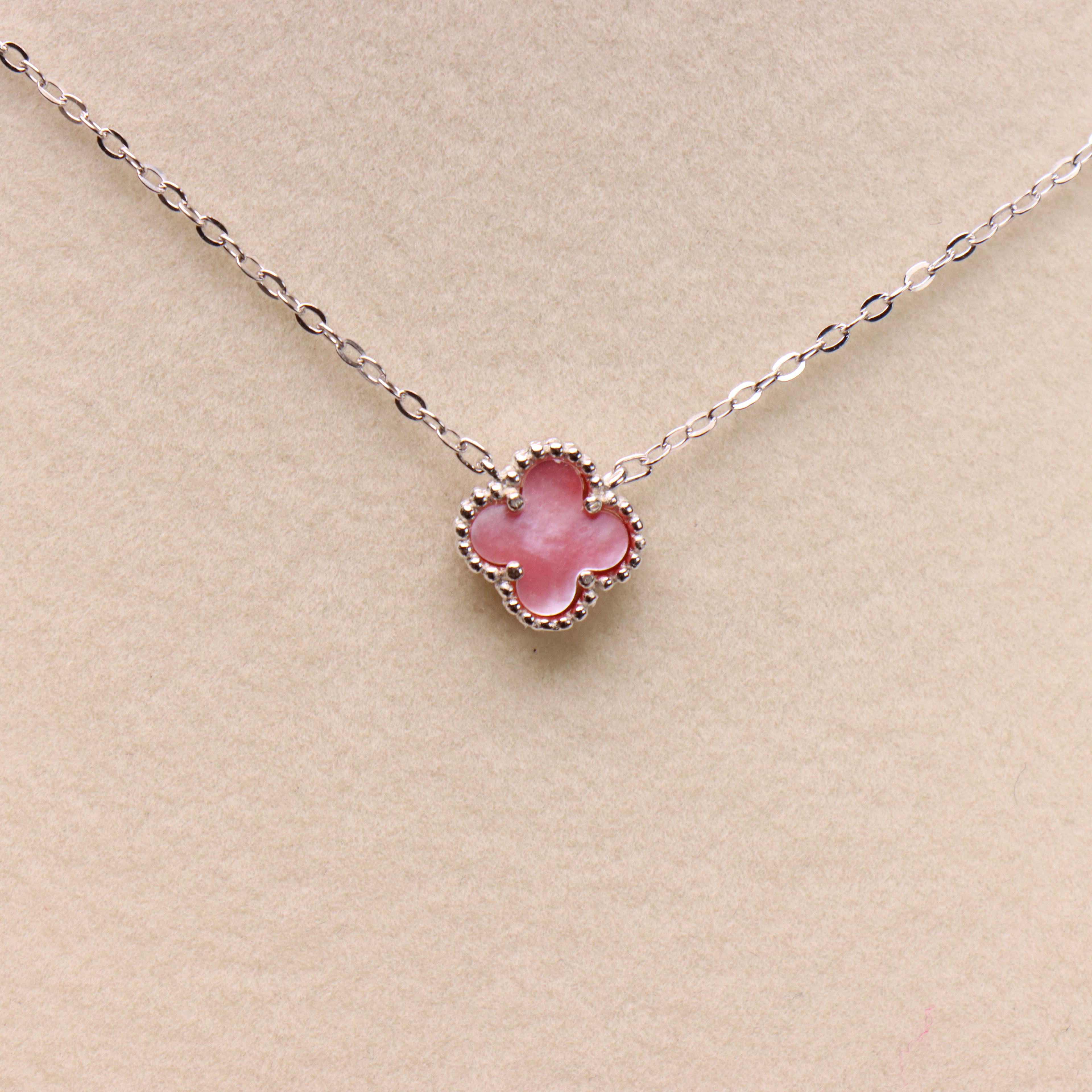 Pink Mother Of Pearl Clover 18” Adjustable Necklace 925 Silver