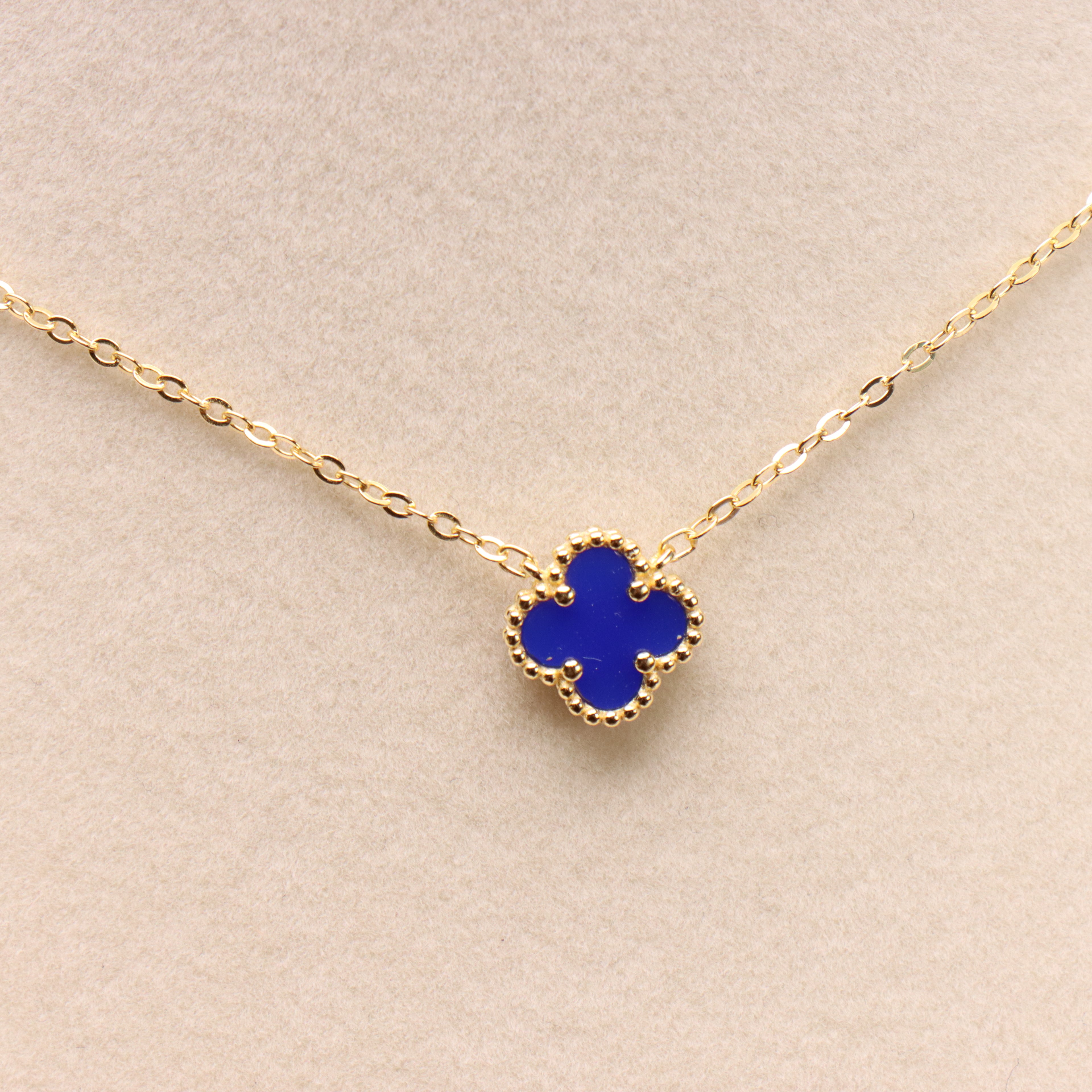 Blue Agate Clover 18” Adjustable Necklace 14k Gold over 925 Sterling Silver