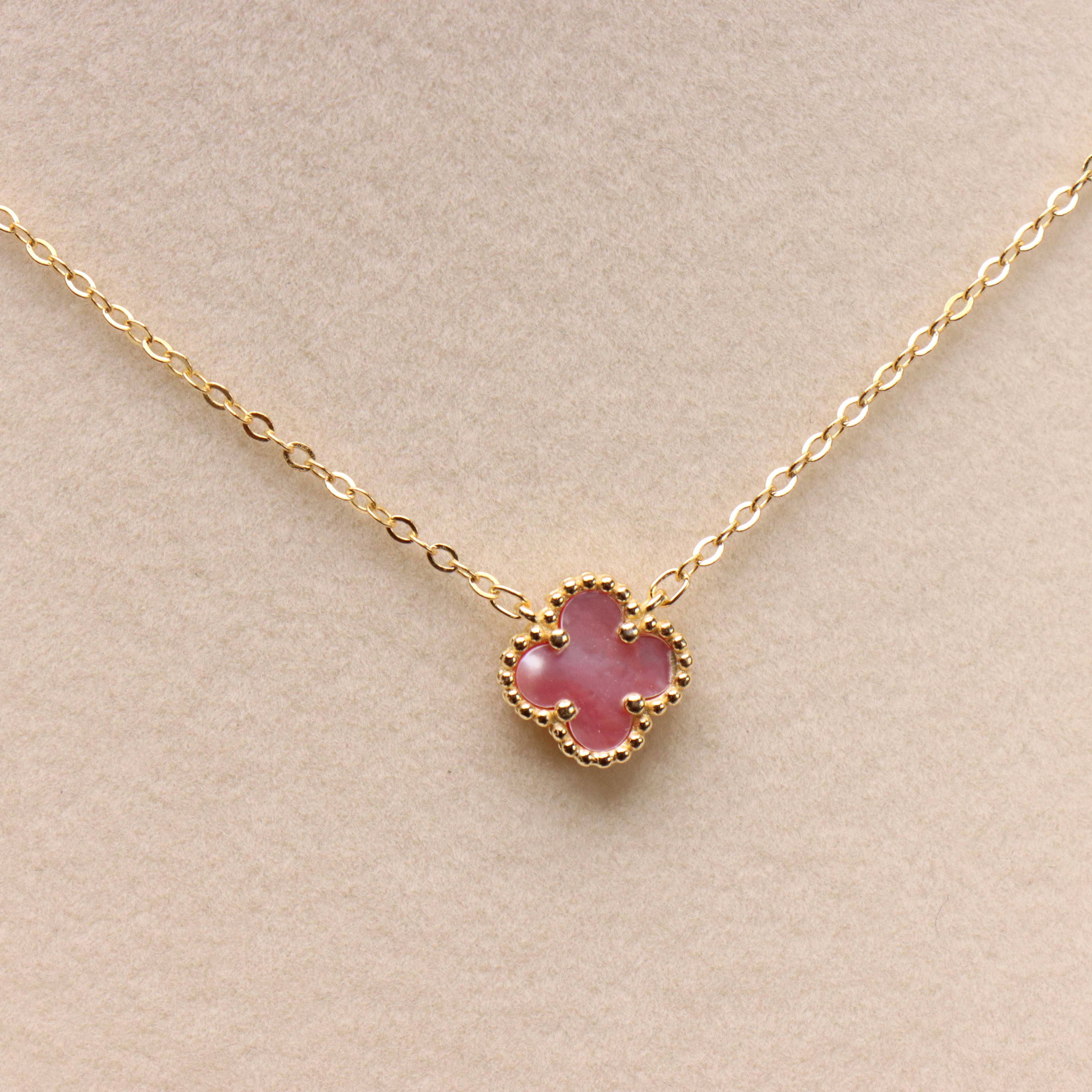 Pink Mother Of Pearl Clover 18” Adjustable Necklace 14k Over 925 Silver