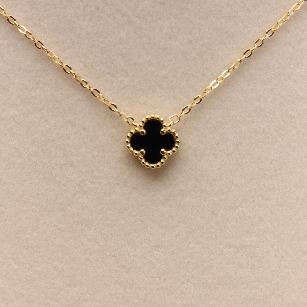 Black Onyx  Clover 18” Adjustable Necklace 14k Gold Over 925 Sterling Silver
