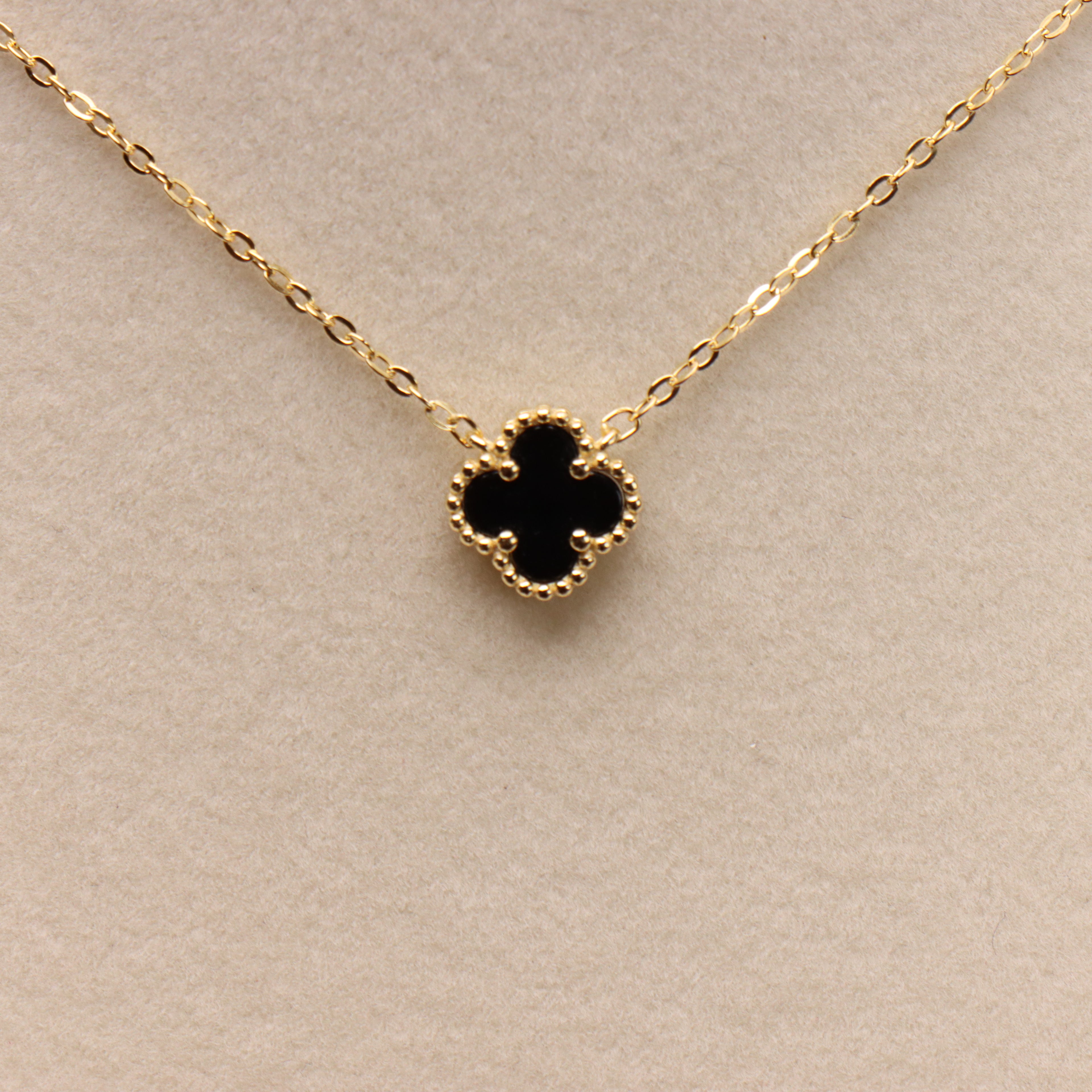 Black Onyx  Clover 18” Adjustable Necklace 14k Gold Over 925 Sterling Silver