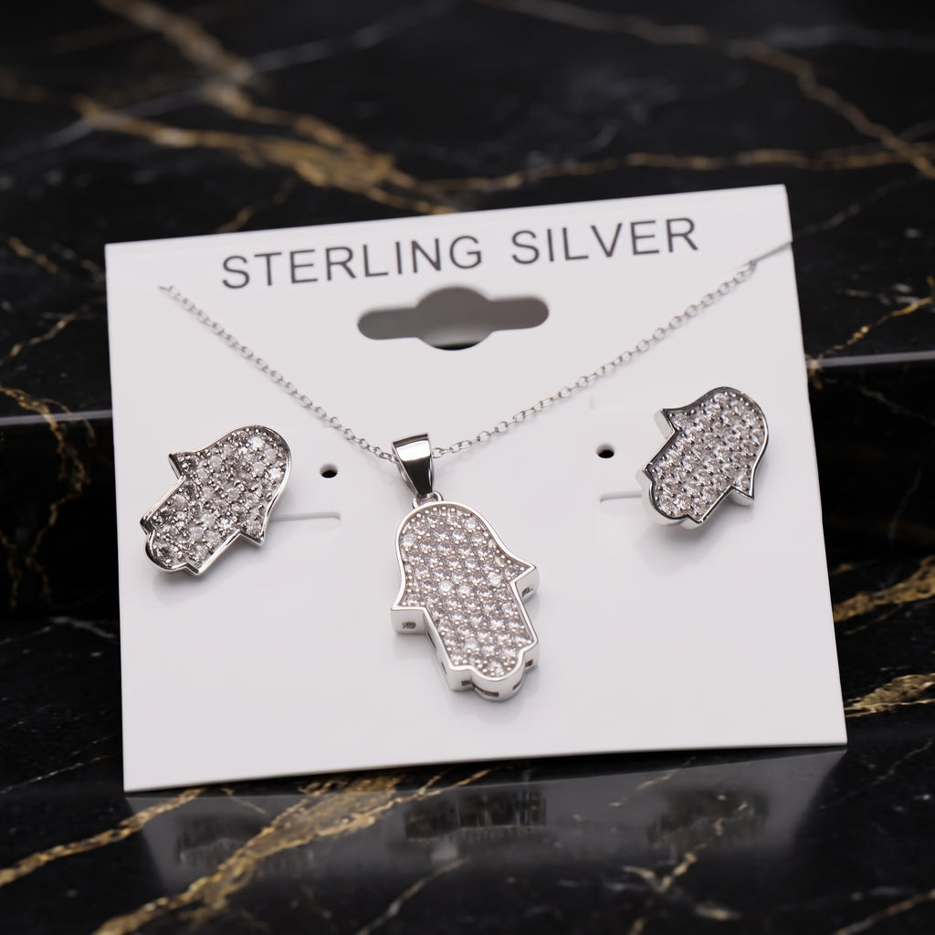 Hamsa Earrings And Necklace Set 925 Sterling Silver Cz 18"