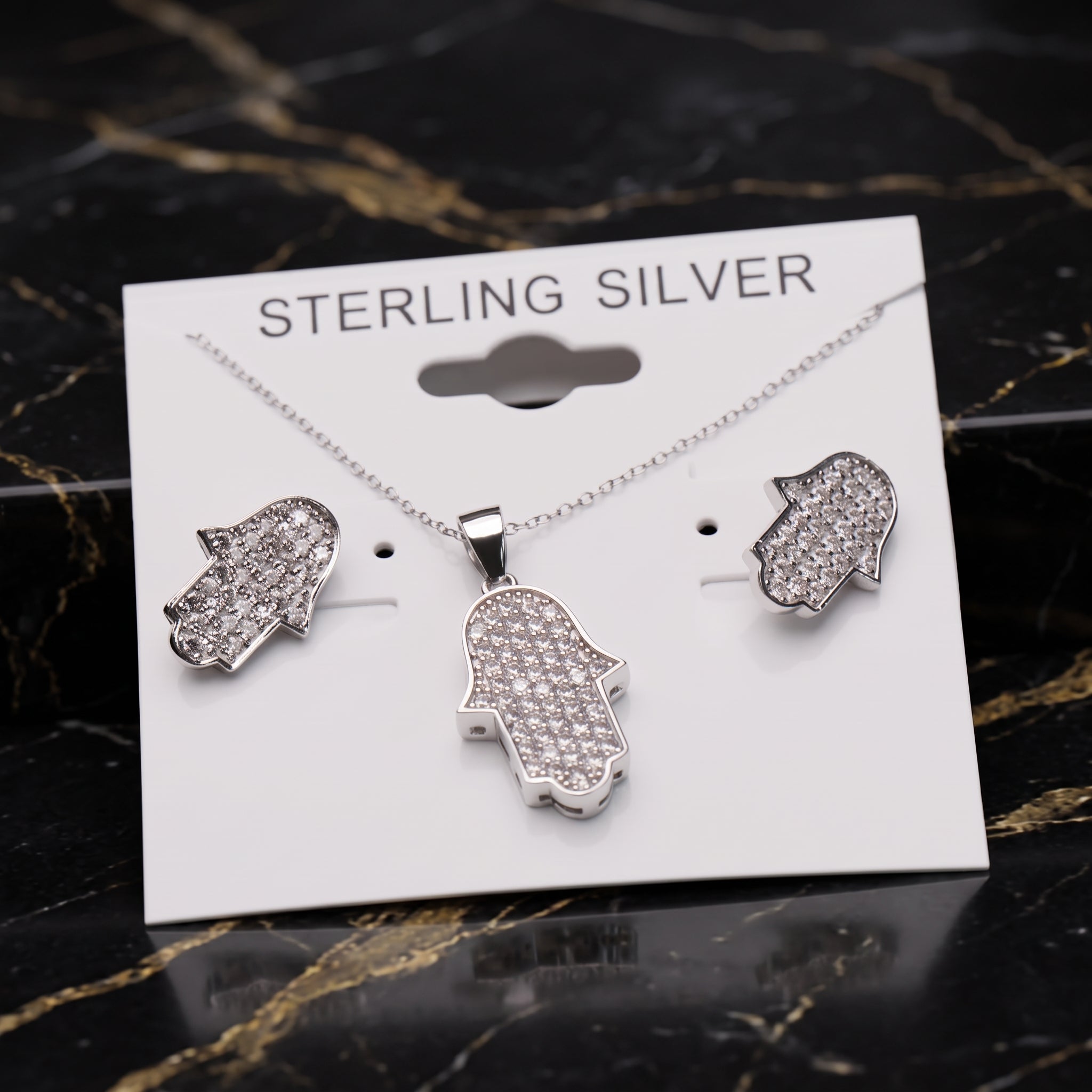 Hamsa Earrings And Necklace Set 925 Sterling Silver Cz 18"