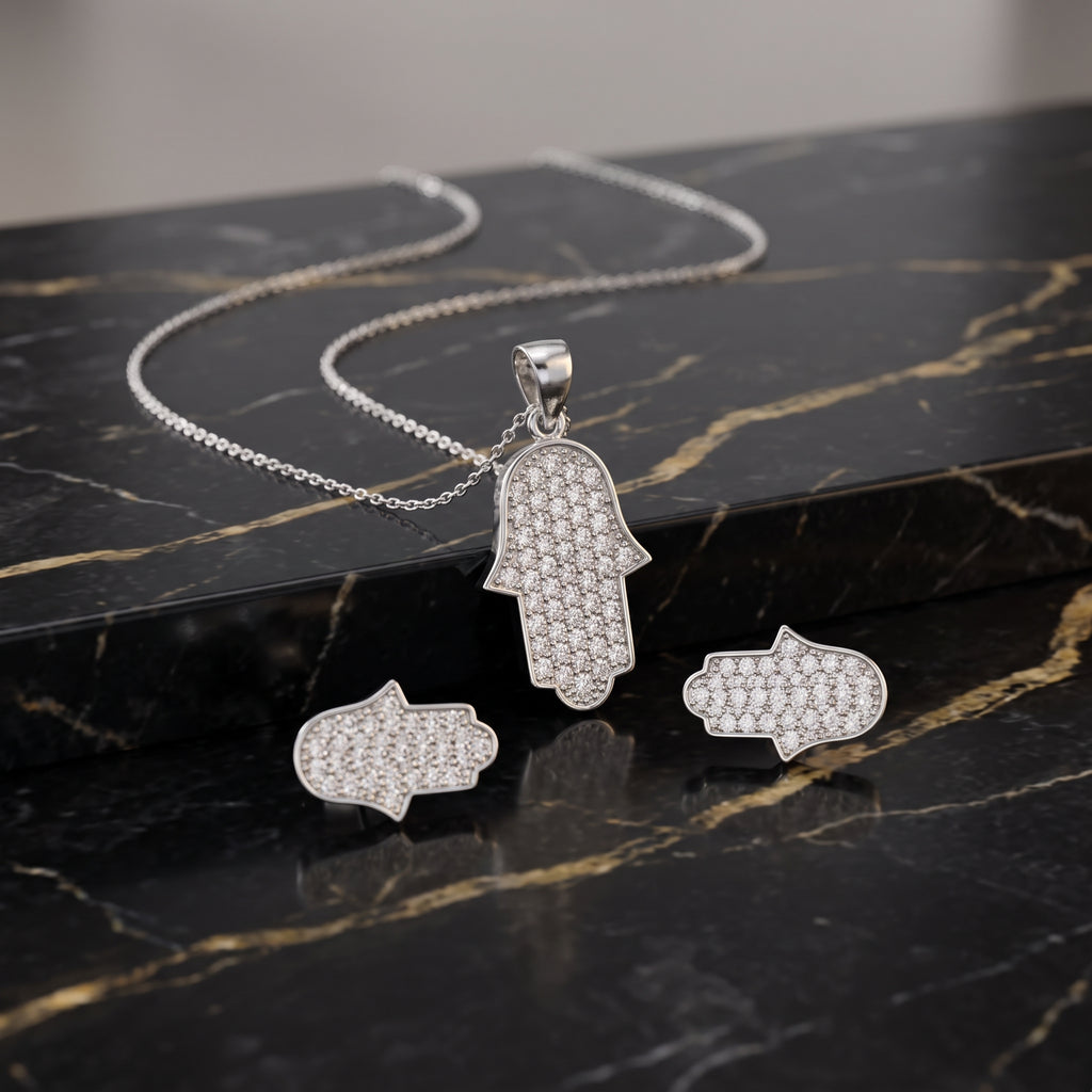 Hamsa Earrings And Necklace Set 925 Sterling Silver Cz 18"