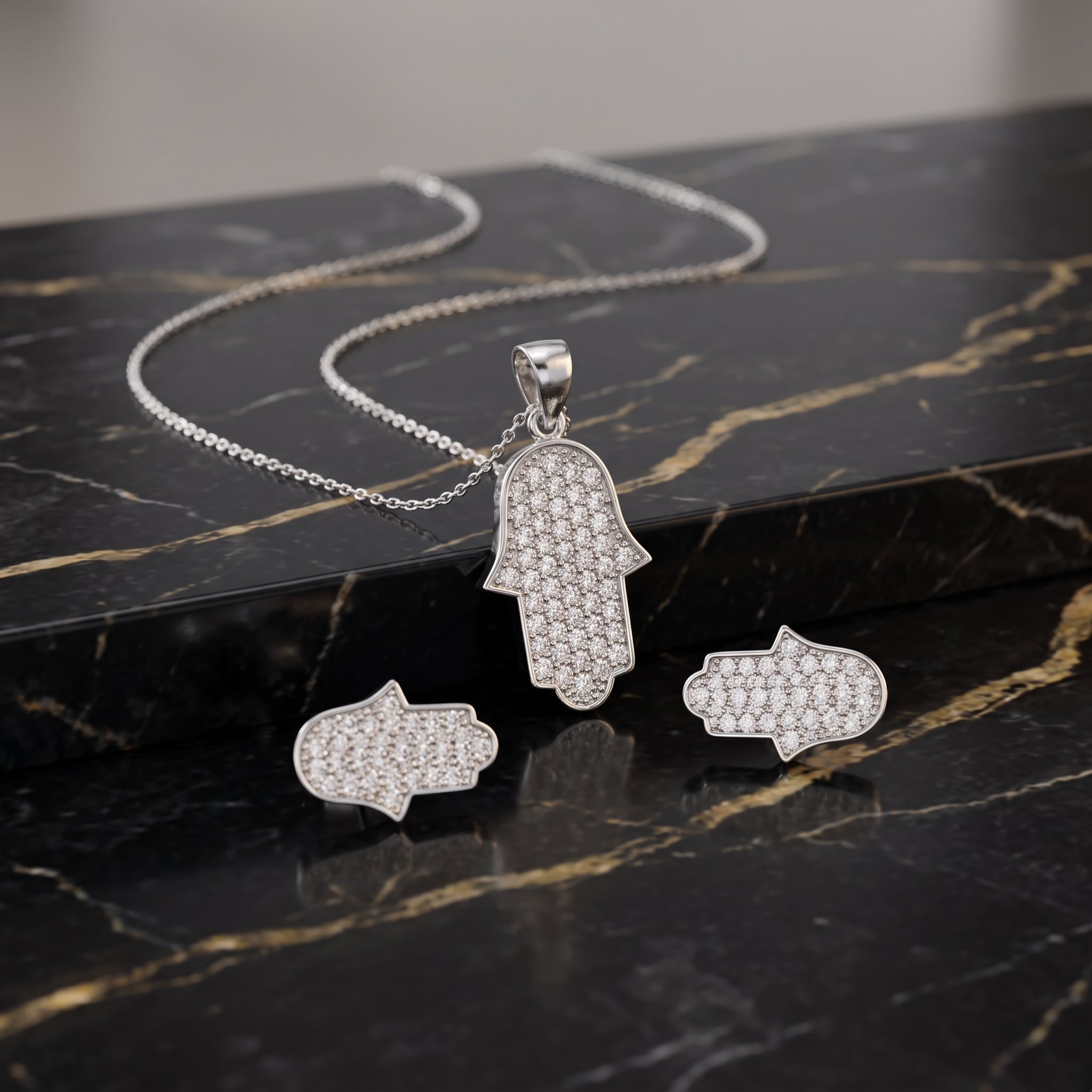 Hamsa Earrings And Necklace Set 925 Sterling Silver Cz 18"