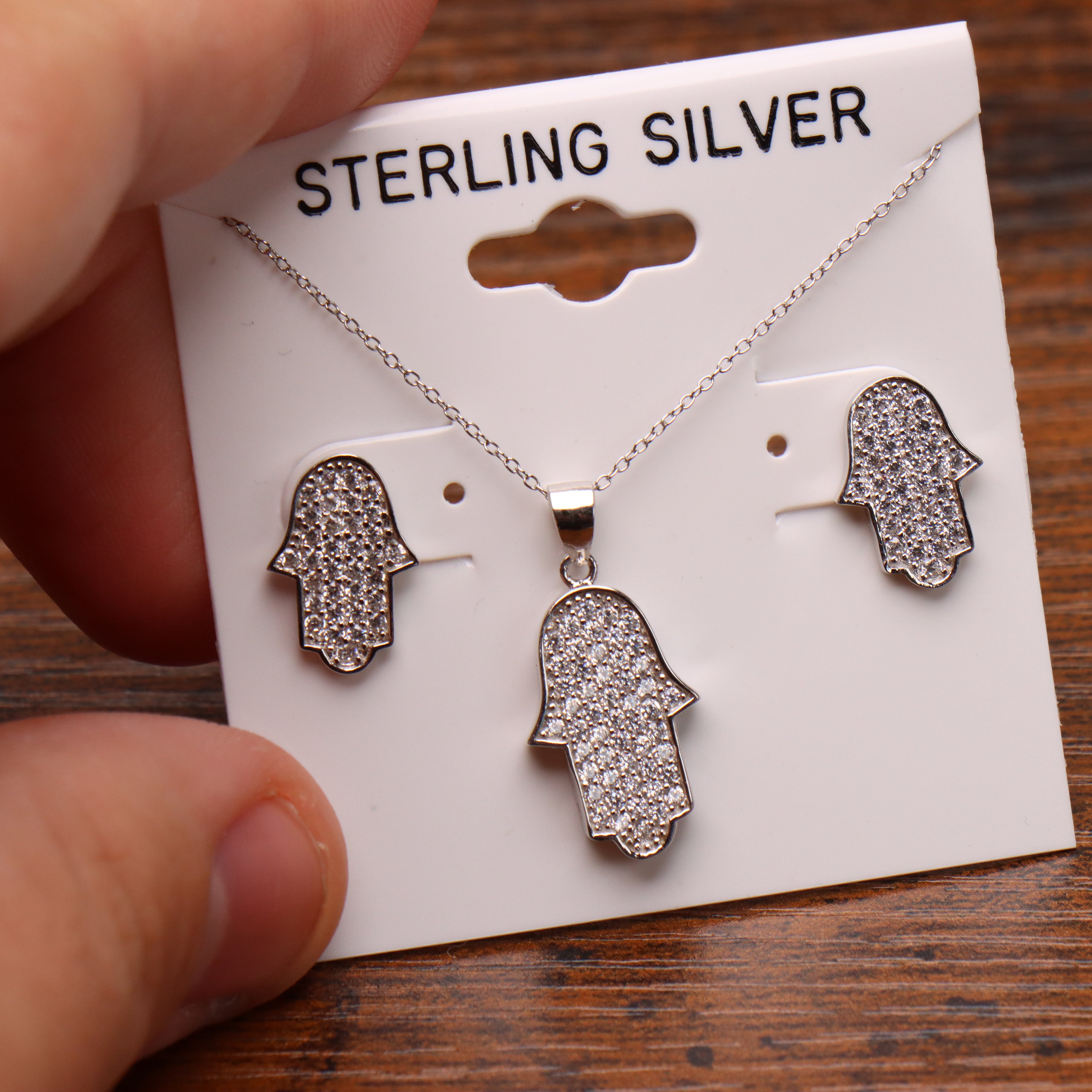 Hamsa Earrings And Necklace Set 925 Sterling Silver Cz 18"