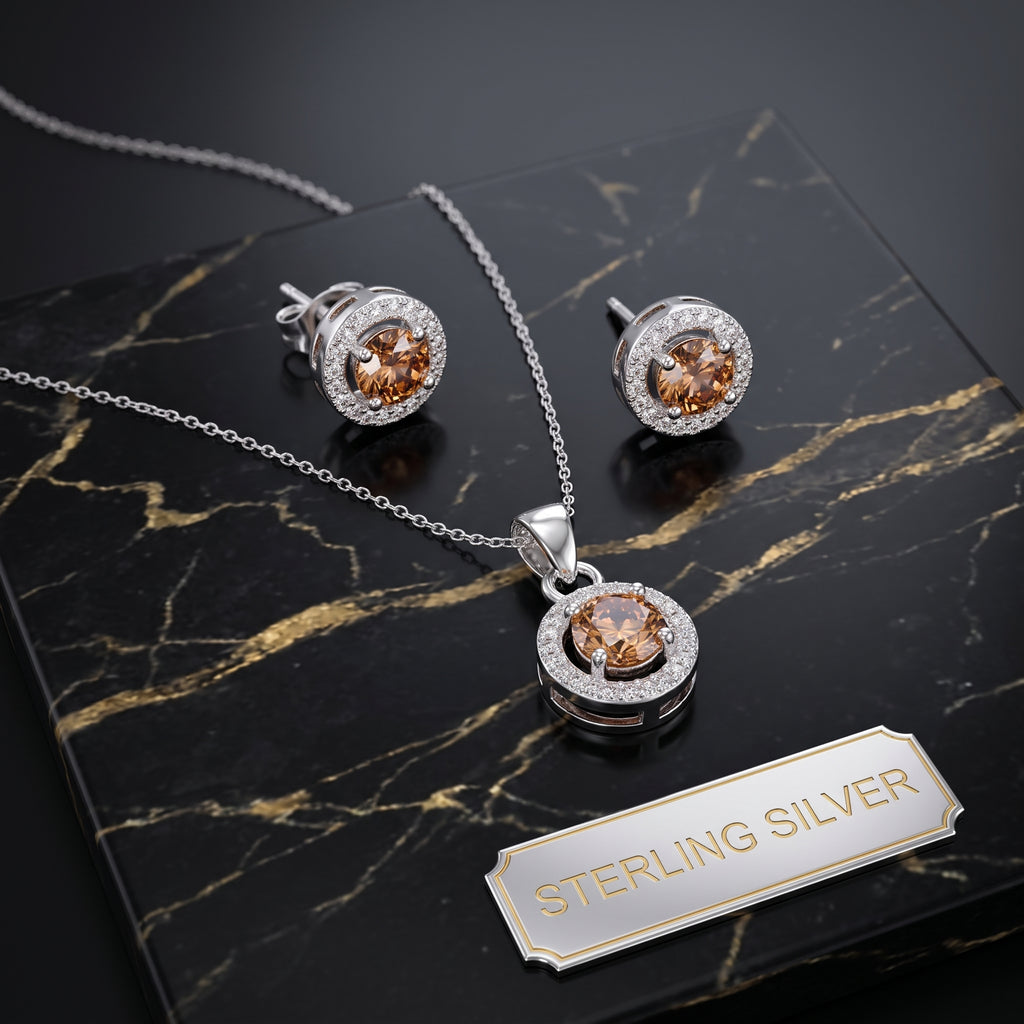 Champagne Halo Round Earrings And Necklace Set 925 Sterling Silver