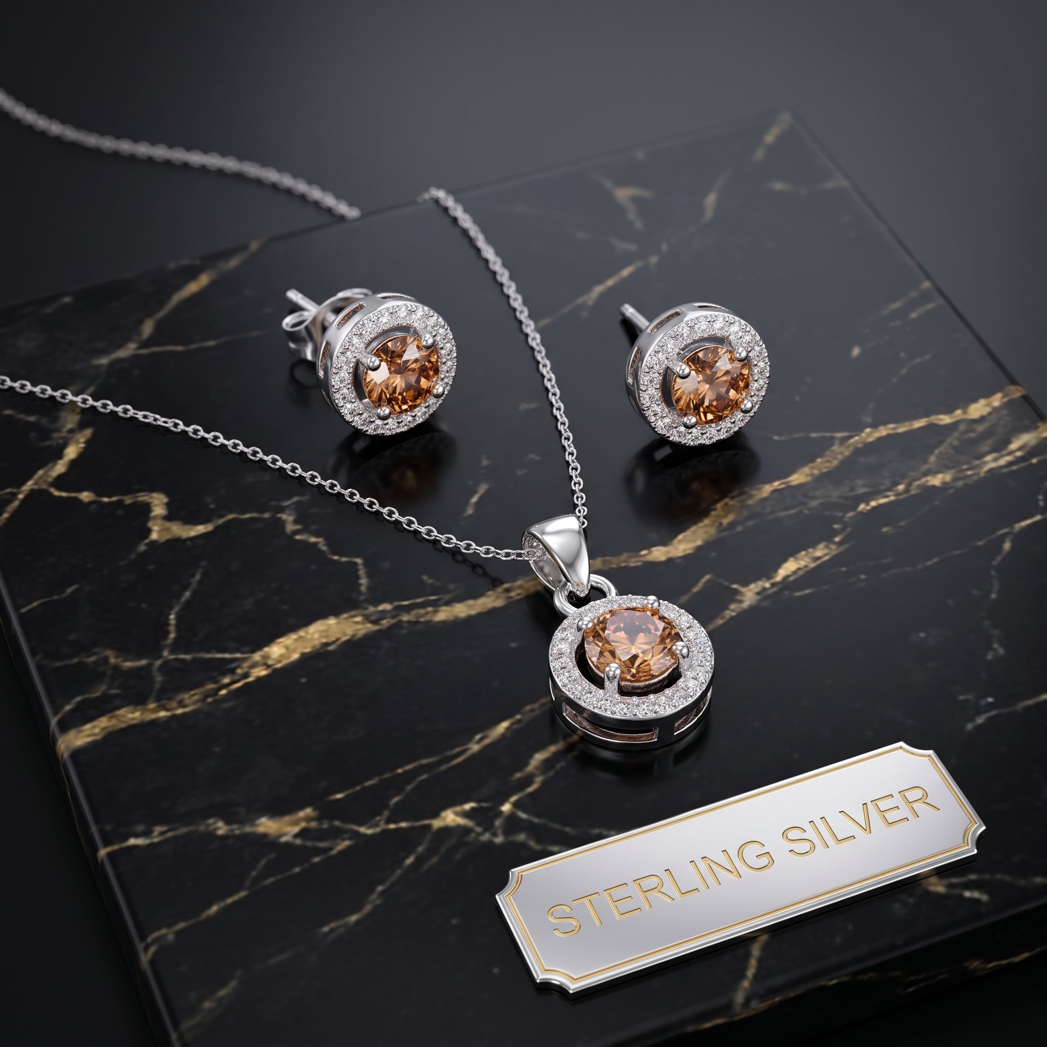 Champagne Halo Round Earrings And Necklace Set 925 Sterling Silver