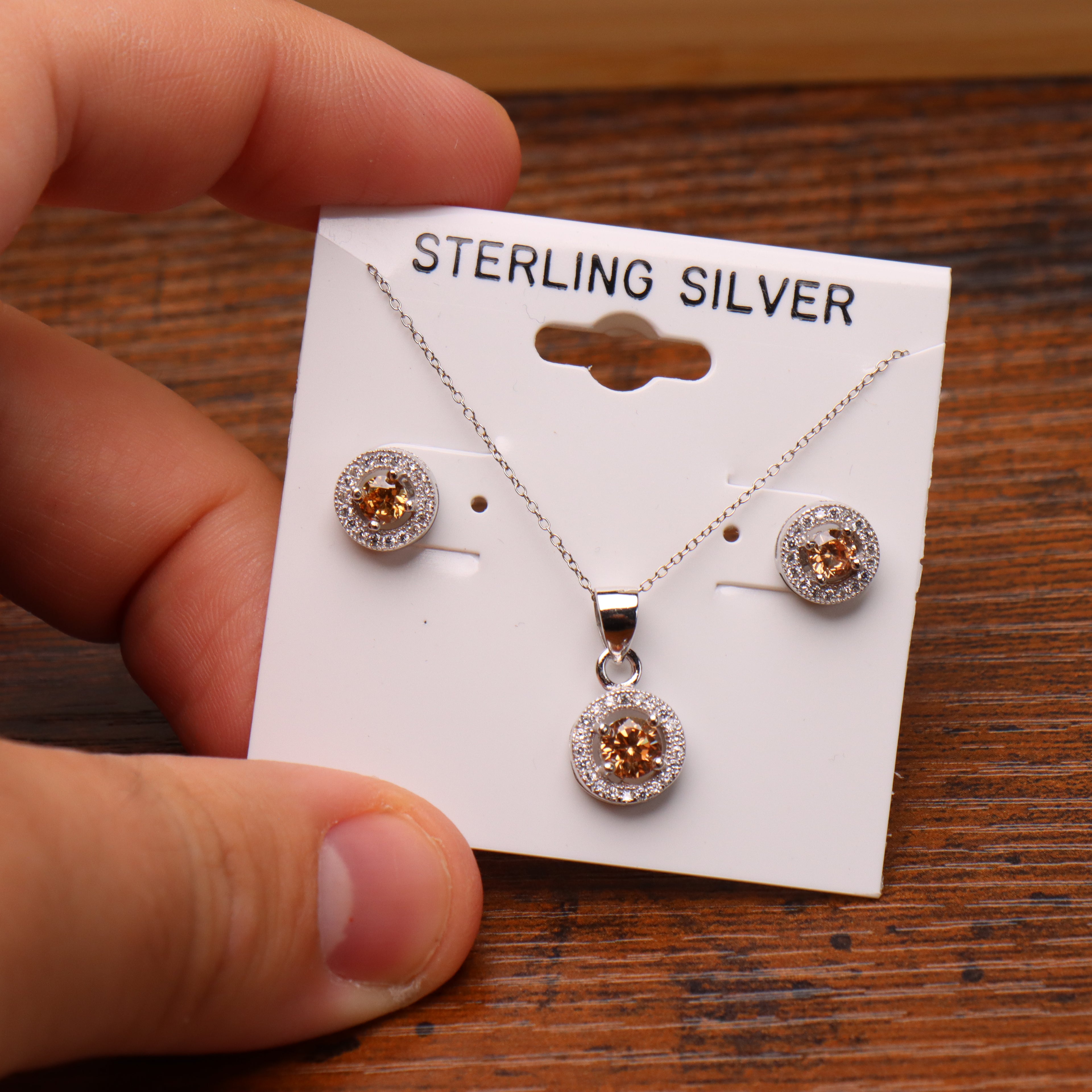 Champagne Halo Round Earrings And Necklace Set 925 Sterling Silver