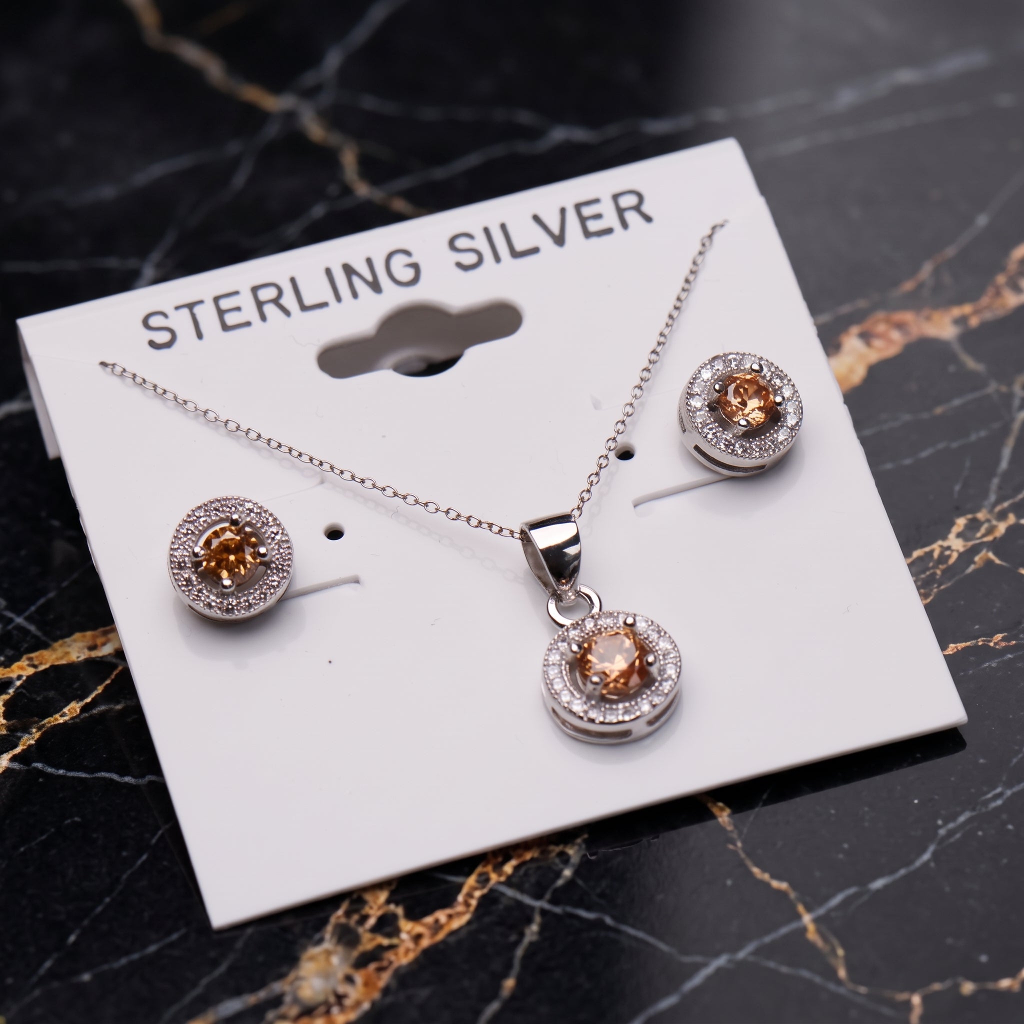 Champagne Halo Round Earrings And Necklace Set 925 Sterling Silver