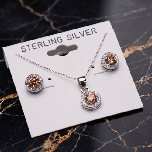 Champagne Halo Round Earrings And Necklace Set 925 Sterling Silver