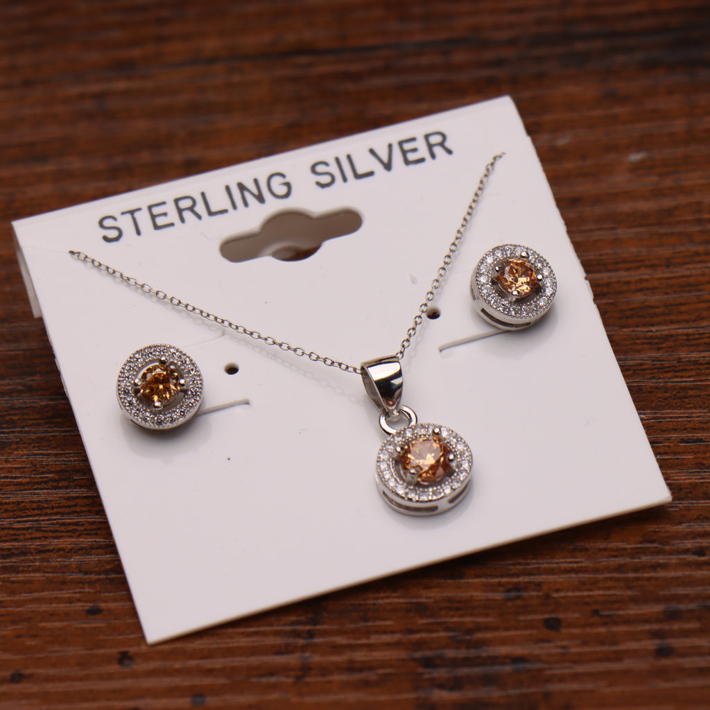 Champagne Halo Round Earrings And Necklace Set 925 Sterling Silver