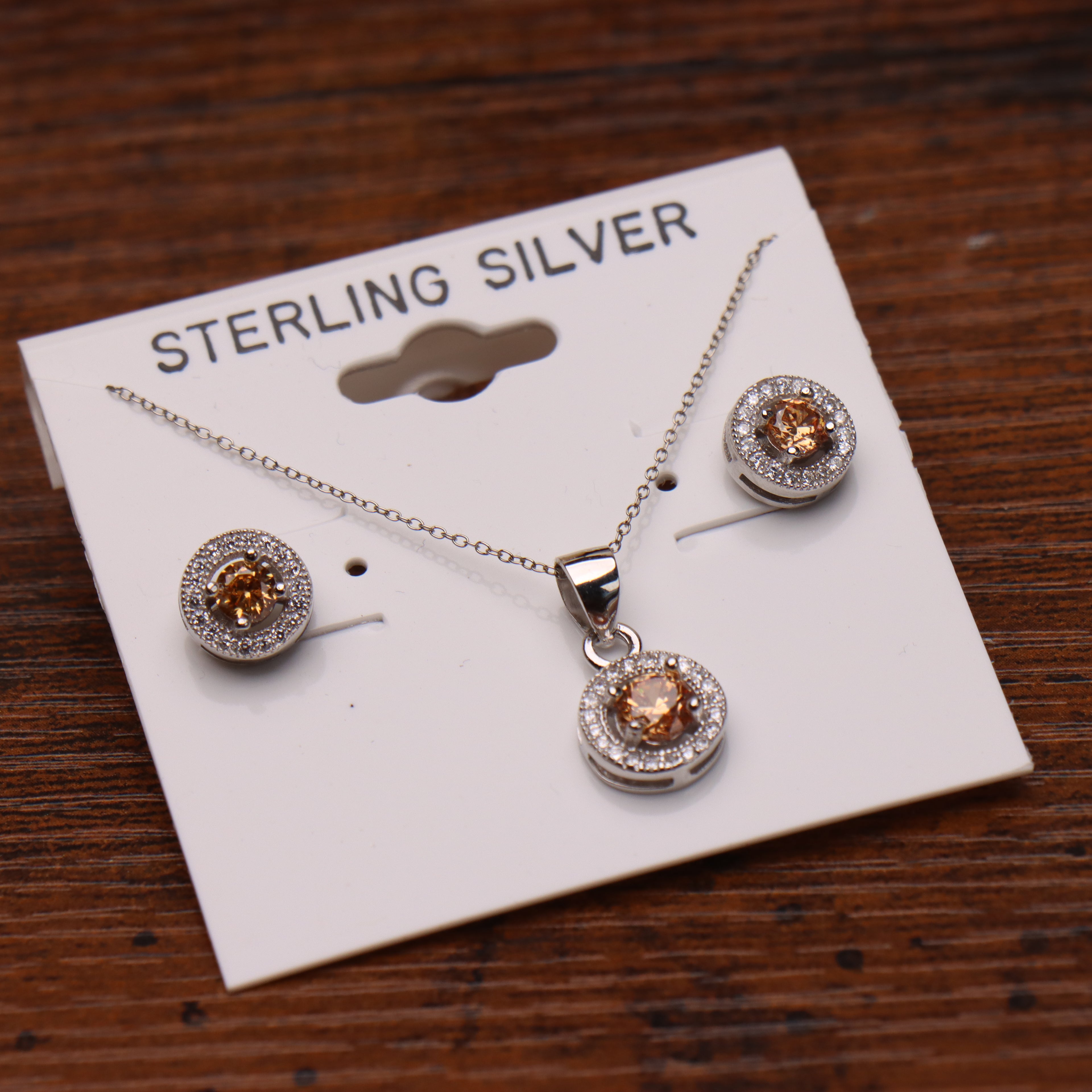 Champagne Halo Round Earrings And Necklace Set 925 Sterling Silver