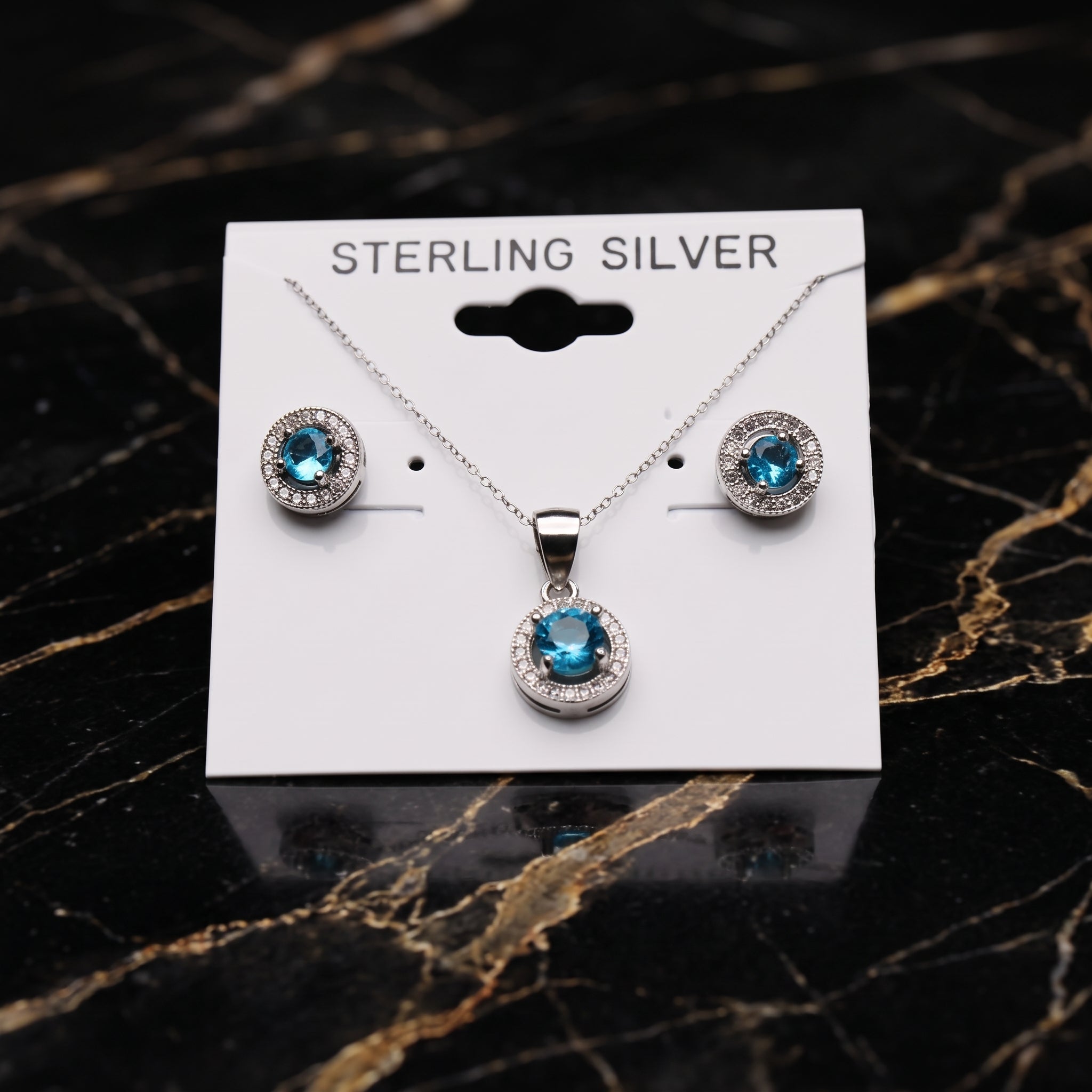 Light Blue Halo Round Earrings And Necklace Set 925 Sterling Silver Cz