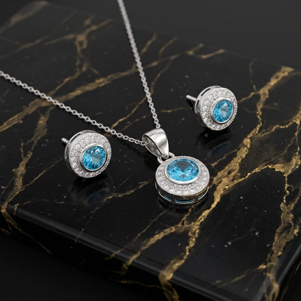Light Blue Halo Round Earrings And Necklace Set 925 Sterling Silver Cz