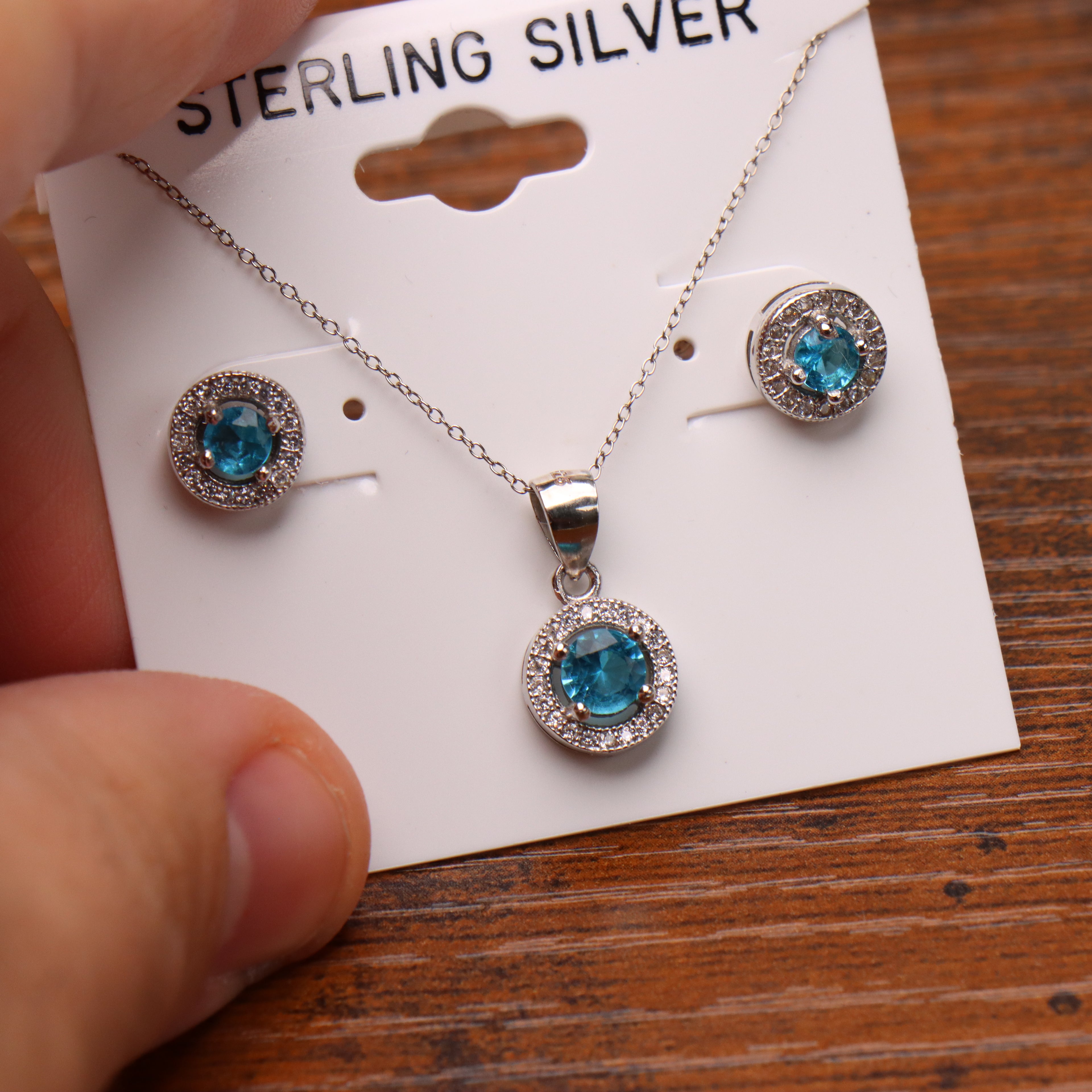 Light Blue Halo Round Earrings And Necklace Set 925 Sterling Silver Cz