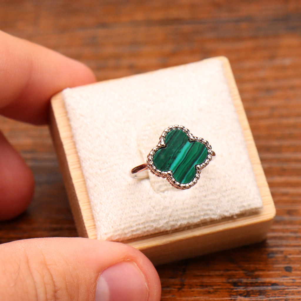 Clover Ring 925 Sterling Silver Green Malachite 13mm