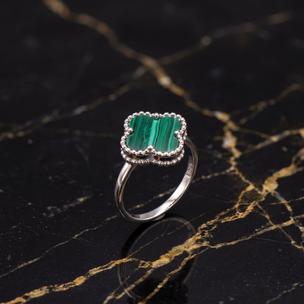 Clover Ring 925 Sterling Silver Green Malachite 13mm