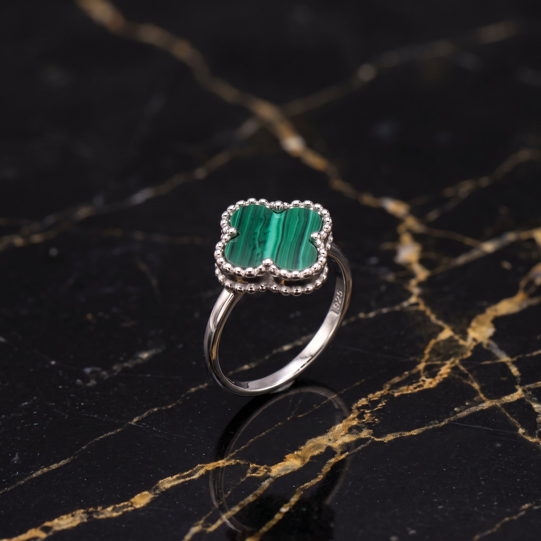 Clover Ring 925 Sterling Silver Green Malachite 13mm
